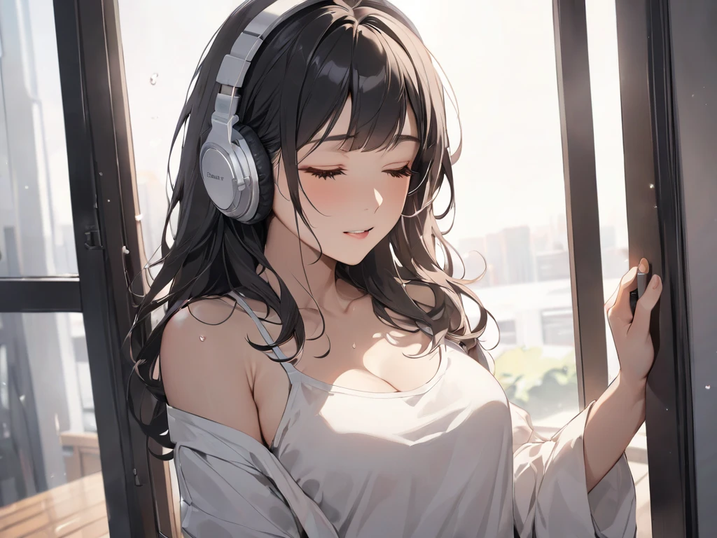 Girl listening to music while dozing off、17age、A thin white camisole for summer、Out of the window、evening、Cityscape