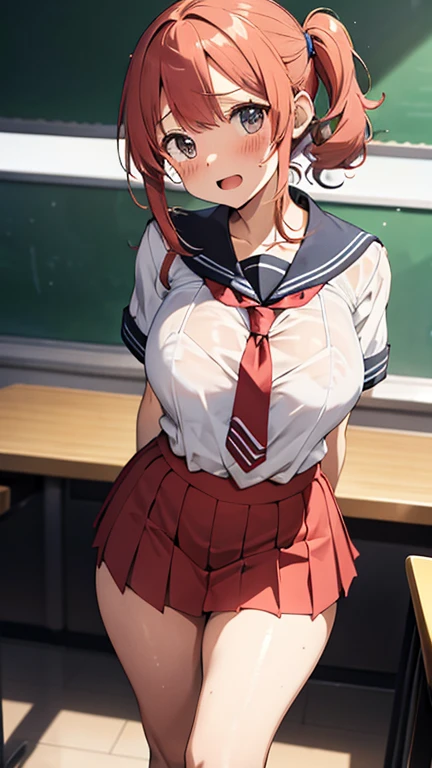 [1girl, sakura chiyono o \(umamusume\), umamusume], (goblin slayer!), (throw_hand, pink vibrator remote switch in throw_hand, throw:1.2), Highest quality, Super detailed, masterpiece, Ultra-high resolution, 8K, Ridiculous, Cowboy Shooting, Blurred, Focus on the girl, Embarrassing, blush, Lovely, Open your mouth, What saliva leaves behind, Wet skirt hem, (Sticky panties:1.1), Bulging of the vibrator cord, Vibrator with Garters, (cleavage), Classroom Background, The skirt is accidentally exposed,(large breasts), (crop top navel), (waist line), Accidentally exposed panties