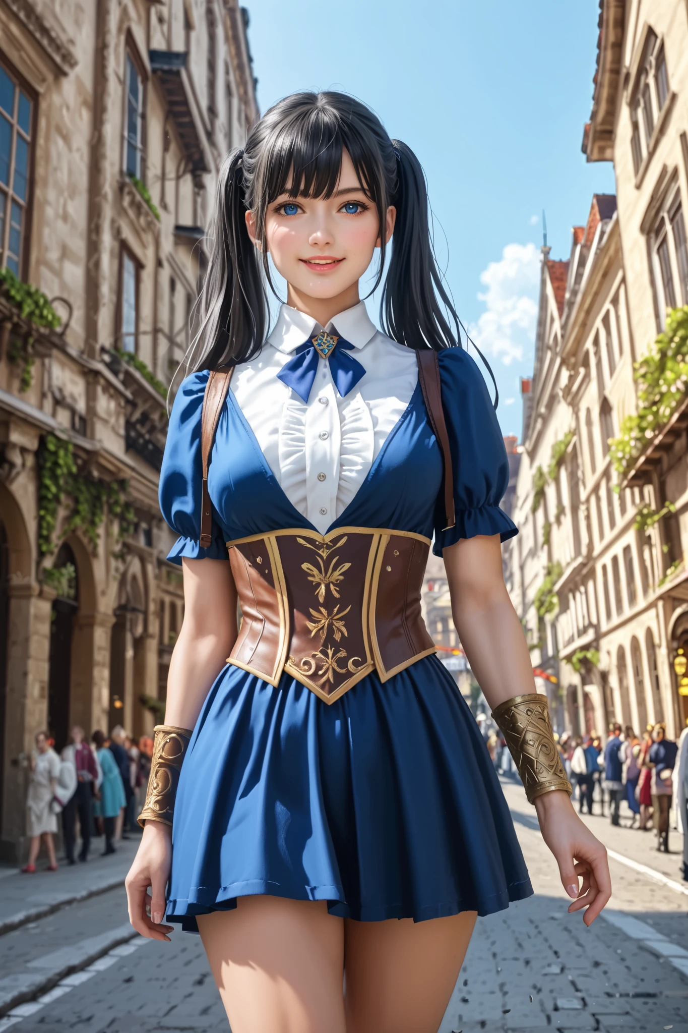 (masterpiece:1.2), [(female warrior with a ornate elegant sophisticated cover walking away), (hair between eyes, fringe),(two twin tails long hair), (long black hair flowing), (blue eyes), in a swordsman style dark armor, gorgeous platinum bracers, slender figure, toned thighs and round buttocks, face details, wearing ornate short skirt, cinematic, dramatic, adventurous, intricate, detailed, ornate, elegant, sophisticated, female protagonist, strong female character, toned body, tight clothes, stunning cover, slim waist, stretching, smiling happy], (focus on the face:1.2), low angle shot from front, (medieval city, old buildings, empty streets), (best quality , 8k,  highres icon, incredible quality, very aesthetic,absurdres,newest), ultra-detailed, realistic,  photorealistic, (photorealistic:1.4), HDR, Ultra HD,  studio lighting, ultra-fine painting, (sharp focus:1.2), physics-based rendering, description with extreme details, vivid colors, bokeh effect, Professional