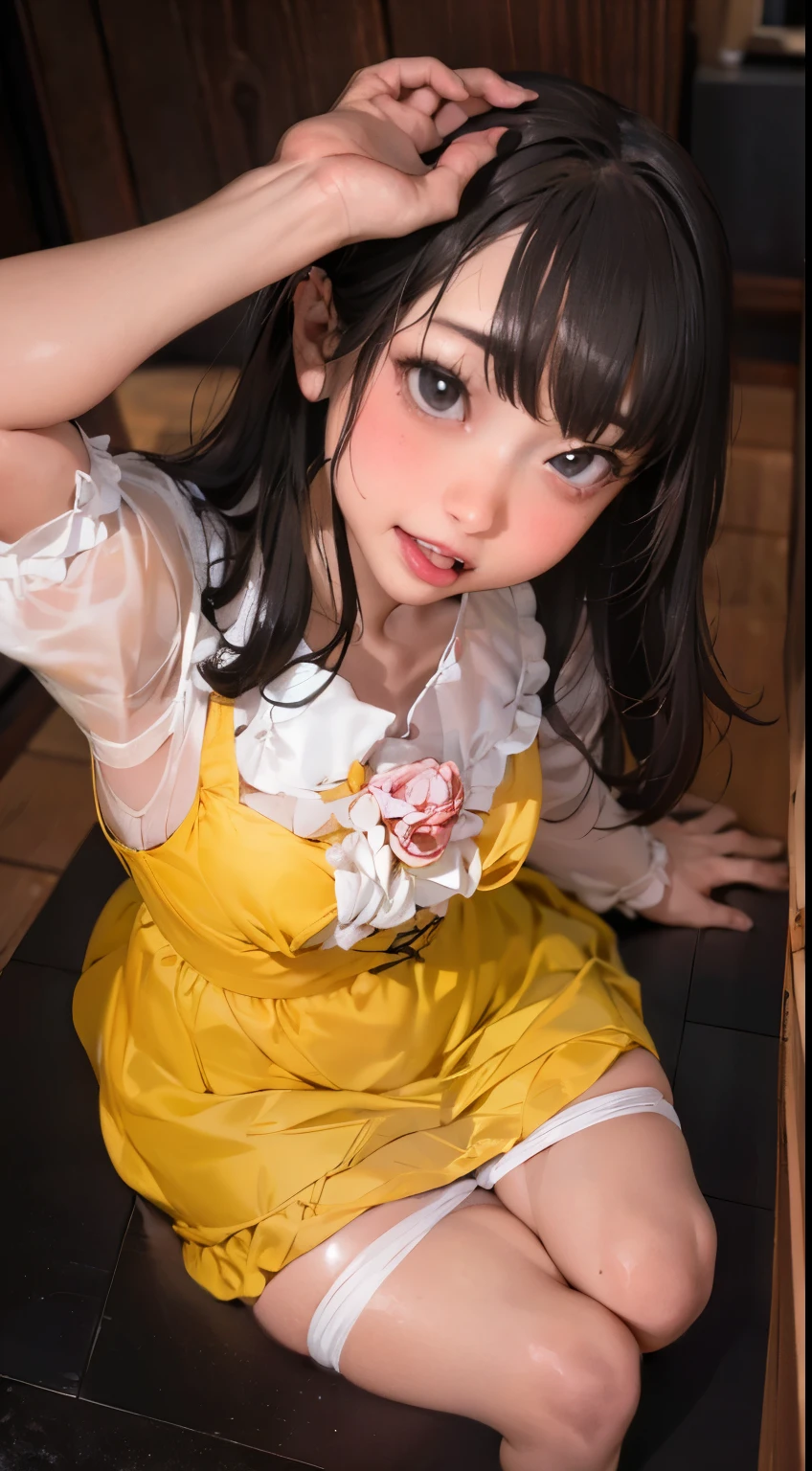 (masterpiece:1.2),8k, beautiful, high quality, ((Amazing Artwork:1.5)),
((Flexible and sexy posture:1.5)),
(gothic lolita:1.6),((ruffle,decoration rose yellow dress:1.8)), (flower hair ribbon),thighhighs,
Cute girl, ((White skin:1.6)), (ahe face:1.8), ((Slim girl:1.5)), (:1.5), (( girl:1.5)),
pov,(naughty:1.7),(slut:1.8),
(On a dirty torture chamber:1.5), moody lighting, prison,
full body shot,