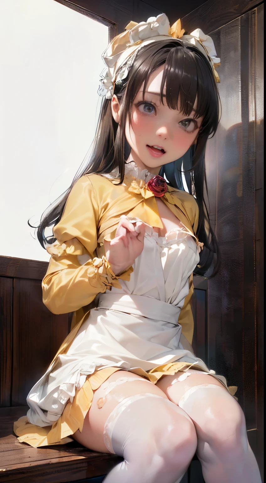 (masterpiece:1.2),8k, beautiful, high quality, ((Amazing Artwork:1.5)),
((sexy posture:1.5)),
(gothic lolita:1.6),((ruffle,decoration rose yellow dress:1.8)), (flower hair ribbon),thighhighs,
Cute girl, ((White skin:1.6)), (ahe face:1.8), ((Slim girl:1.5)), (:1.5), (( girl:1.5)),
pov,(naughty:1.7),(slut:1.8),
(On a dirty torture chamber:1.5), moody lighting, prison,
full body shot,