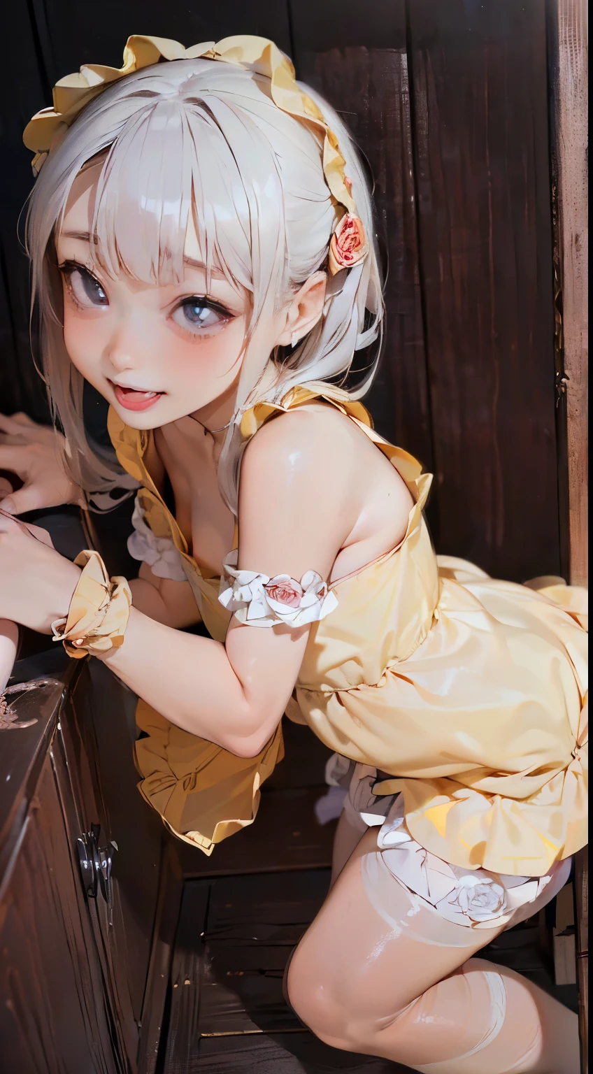(masterpiece:1.2),8k, beautiful, high quality, ((Amazing Artwork:1.5)),
((sexy posture:1.5)),
(gothic lolita:1.6),((ruffle,decoration rose yellow dress:1.8)), (flower hair ribbon),thighhighs,
Cute girl, ((White skin:1.6)), (ahe face:1.8), ((Slim girl:1.5)), (:1.5), (( girl:1.5)),
pov,(naughty:1.7),(slut:1.8),
(On a dirty torture chamber:1.5), moody lighting, prison,
full body shot,