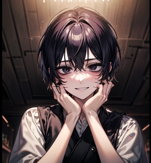 front view,face focus,shirt,Checked tie,,open mouth,tongue out,cum on tongue,lick,(1girl,Beautiful  girl),front face,from front,front view,looking at viewer, looking ahead,Black Hair,Beautiful and detailed anime art,Dimly lit room,Simple Background,Gray background,Low lighting