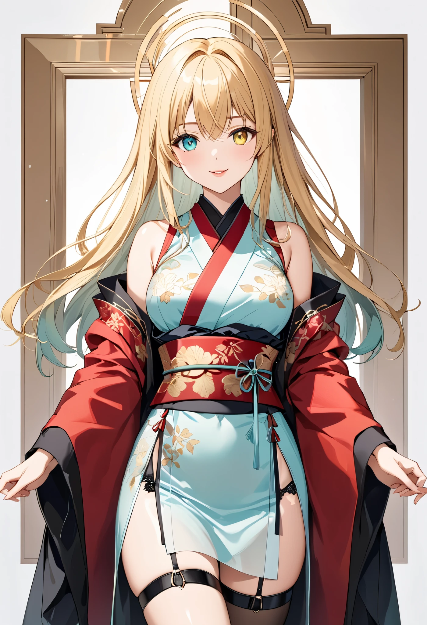 1girl ,
{ standing}
Height: 158cm,
Alone,
Beige Skin,
Cheeks are ruddy,
((The iris on the left is medium aquamarine and the iris on the right is yellow ))
((Complete iris heterochromia )),
beautiful eyes,
large black pupils ,
Her hair is messy and tied up.,
blonde,
the tips of the hair are whitish ,
The hair has gradation ,
shiny hair,
young but beautiful and bewitching face ,
The lips are extremely small,
smiling ,
A small, shining halo is floating above her head.,
the tips of the eyebrows are slightly lowered ,
the upper body is worn in kimono ,
mega breastsは柔らかそう,
Slim waist,
thin legs ,
The lower half of her body is covered in a long, transparent Chinese dress-like garment with slits on both sides of her waist.,
The color of the obi is red ,,
The obi is tastefully embroidered with silver thread.,
fine fabric clothing ,
Thong underwear,
garter belt,
stockings,
the thigh strap cuts into the skin ,
Are the tips of long boots Japanese style,
Isometric,
golden ratio,
god々 atmosphere,
She is wearing a stand-up collared undershirt.,
tactical use of shadows ,
the ring of the head and hair fit inside the frame ,
Clothes fit inside the frame ,
{ full shot}
facing the front,
fresh illustration ,
Superfine painting,
very delicate illustration ,
Very fine details ,
