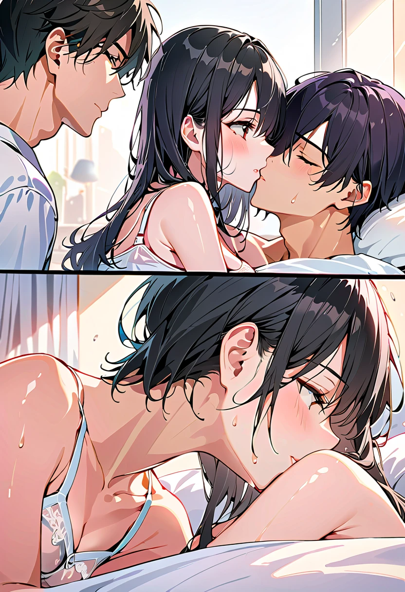 One girl with black bob hair、Completely naked、Being sexually assaulted、Being touched by a man、Being hugged、Being kissed、Standing posture、classroom、Shyness、Crying face、resistance、fear