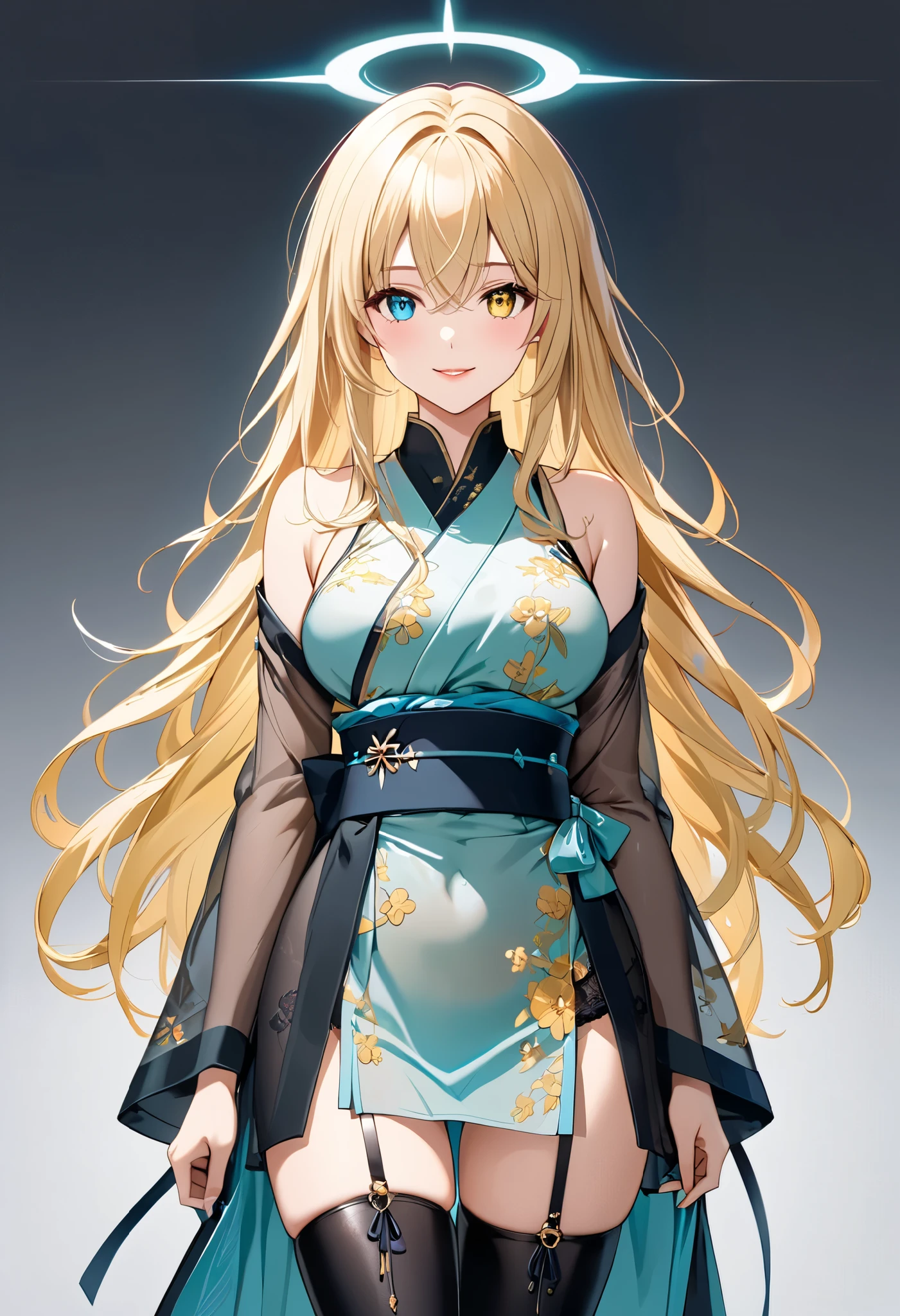 1girl ,
{ standing}
Height: 158cm,
Alone,
Beige Skin,
Cheeks are ruddy,
((The iris on the left is medium aquamarine and the iris on the right is yellow ))
((Complete iris heterochromia )),
beautiful eyes,
large black pupils ,
Her hair is messy and tied up.,
blonde,
the tips of the hair are whitish ,
The hair has gradation ,
shiny hair,
young but beautiful and bewitching face ,
The lips are extremely small,
smiling ,
A small, shining halo is floating above her head.,
the tips of the eyebrows are slightly lowered ,
the upper body is worn in kimono ,
mega breastsは柔らかそう,
Slim waist,
thin legs ,
The lower half of her body is covered in a long, transparent Chinese dress-like garment with slits on both sides of her waist.,
The color of the obi is red ,,
The obi is tastefully embroidered with silver thread.,
fine fabric clothing ,
Thong underwear,
garter belt,
stockings,
the thigh strap cuts into the skin ,
Are the tips of long boots Japanese style,
Isometric,
golden ratio,
god々 atmosphere,
She is wearing a stand-up collared undershirt.,
tactical use of shadows ,
the ring of the head and hair fit inside the frame ,
Clothes fit inside the frame ,
{ full shot}
facing the front,
fresh illustration ,
Superfine painting,
very delicate illustration ,
Very fine details ,