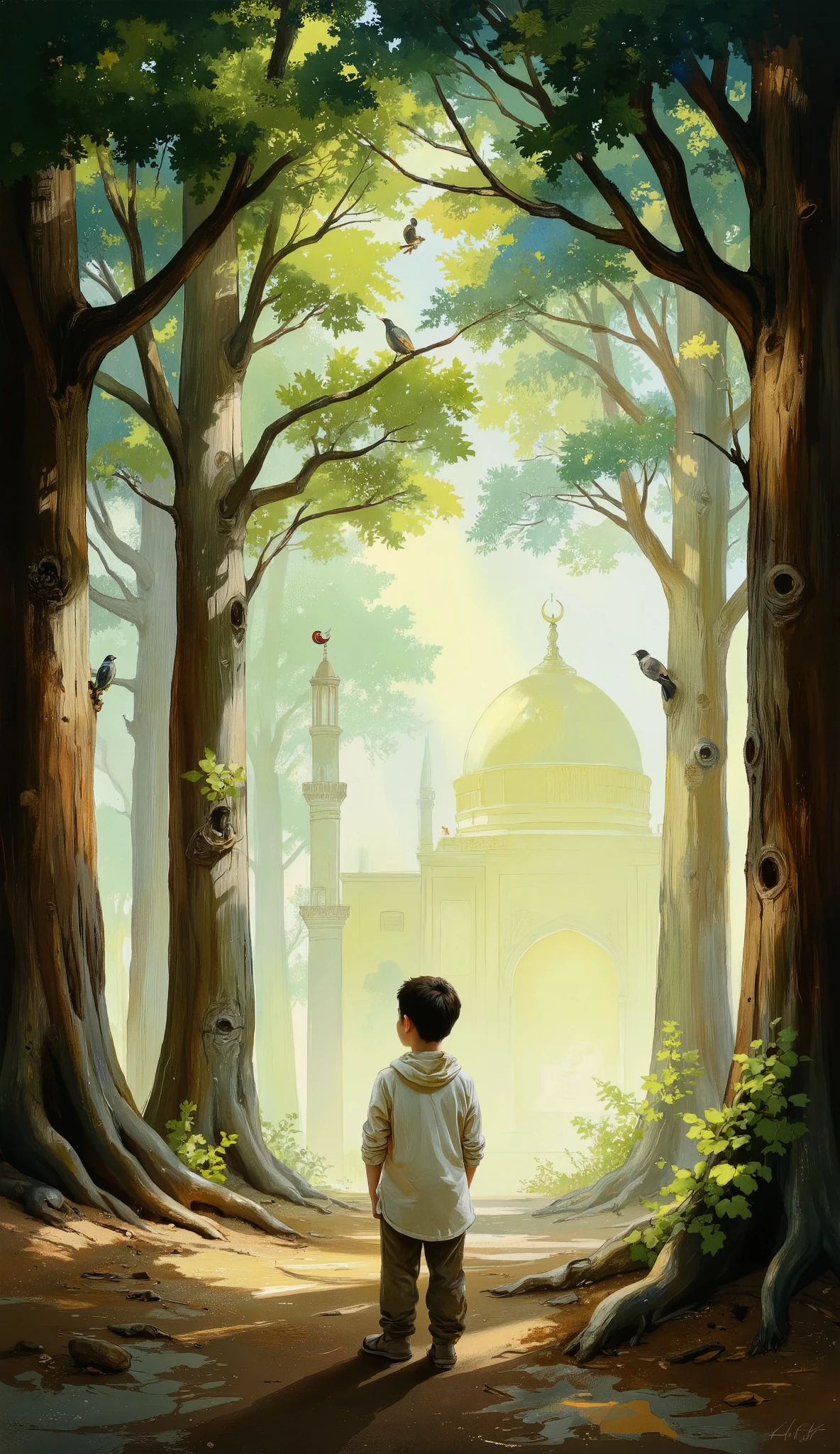 Sami in the forest clearing: A young Muslim boy with a peaceful expression standing in a forest clearing surrounded by tall trees. Birds are perched on branches, and sunlight streams through the leaves as Sami looks around, imagining the mosque.