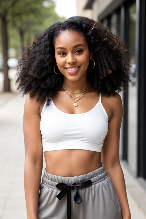 Light skin black woman with curly hair standing with pretty shape 
