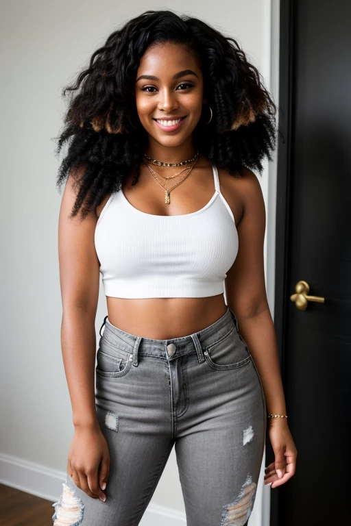 young lady looks like Tessa Thompson, teenager, with long curly haired, curls and curves hair, gorgeous lady, tinyest midriff ever, skinned African young girl, light skin,
