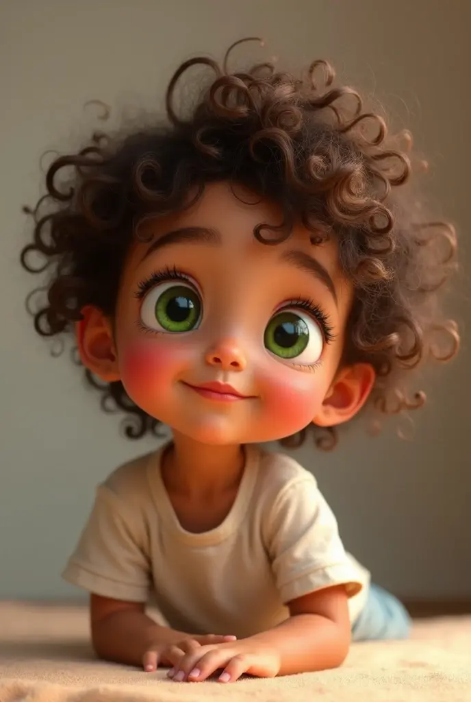 Complete child, with black hair, crespo, green eyes