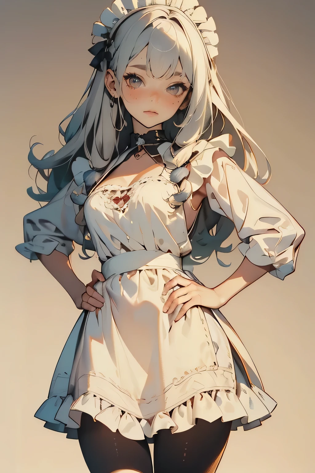 masterpiece, top quality , in ultra high quality , 1 girl, alone, A young, long-haired , curly hair , gray hair , blunt bangs , small breasts, neutral, Gentle Smile , sister, Victoria is wearing a morning style white dress, Maid, woman holding a Victorian dress , apron, leggings, black pantyhose , ( upper body closeup), standing, close-up, hands on hips , detailed hands , White Background , simple background, cowboy shot ,