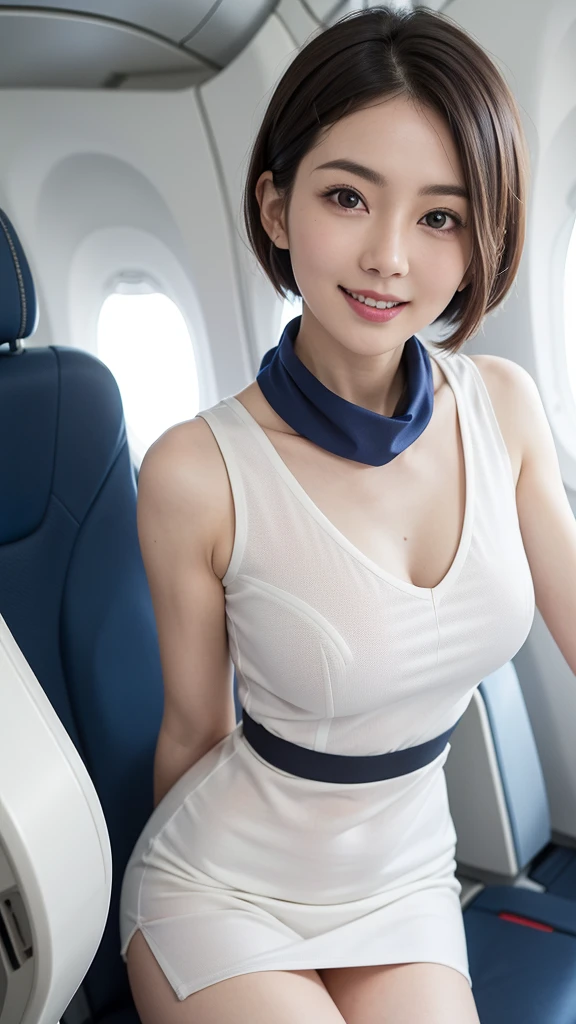 (Best quality, 8k, 32k, Masterpiece, UHD:1.2),Photo of Pretty Japanese woman, ((1 girl)), ((solo)) (medium-short dark brown hair), double eyelid, large breasts, breast cleavage, naked with sexy cabin attendant uniform, sexy tight uniform, short sleeve, short skirt, stockings, high heels, standing in airplane, look at viewer, faint smile, from below , crowd passenger