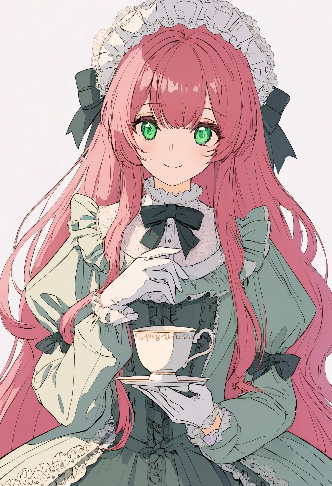 masterpiece, Best Quality ,1 Girl, alone, (纯白background1::5),Drawing style,Half body , blank takes up a large area ,A girl, pink super long hair , green eyes ,Flat-coated style, long dress ta ,Western European style, lace pure white gloves,,Flat-coated style,exist_ Viewer , simple _background, white _background, big red envelope bow ,Smile,Drink tea,teacup with end,Ribbon,lace