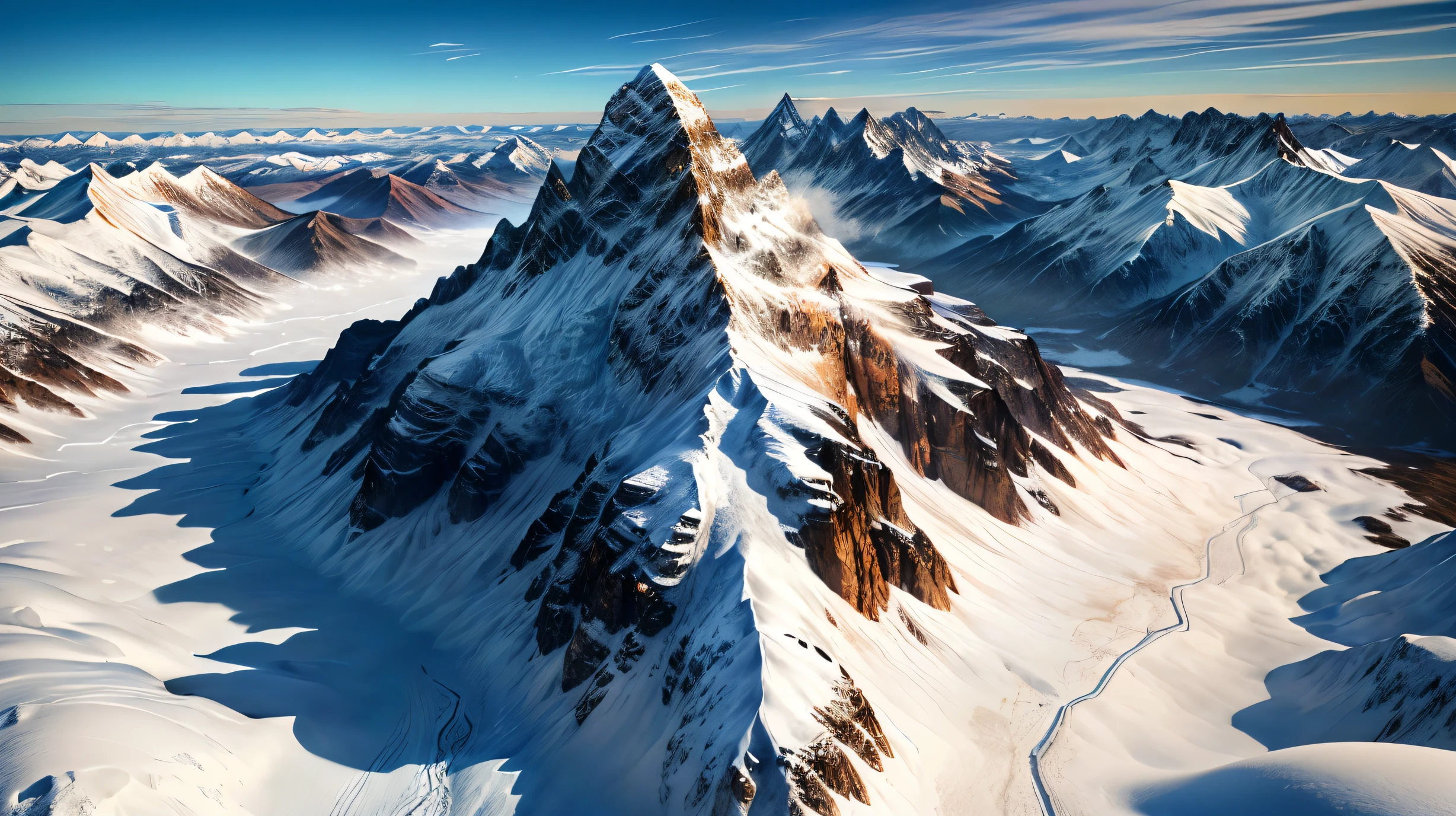 Mountains covered in snow and snow with a few people on top, giant imposing Mountain, “ aerial view of a Mountain, large Mountain, with a snowy Mountain and ice, by Werner Andermatt, Snow piled up at the top , スイスThe Alps, The Alps, Mountain, moutain, a Mountain look like a women, large rocky Mountain, super high resolution