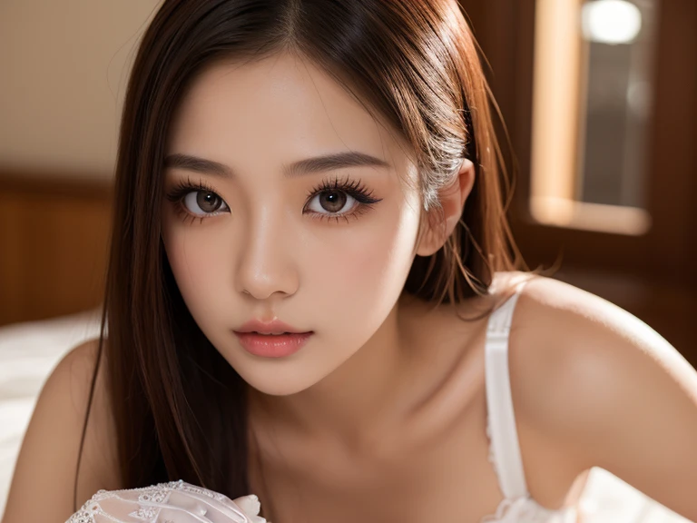 dreamy ambiance, ultrasharp, studio shoot、close up of face、(White Lace Ruffled Dress:1.2), (big breasts with increased tension:1.3), Focus on the chest、Enhanced body、realisitic、Photo Real、extremely detailed cute girl、17 age、japaneelancholy look, large full breasts、A dark-haired、Hair braids、thick bangs、Night, neons, Digital SLR, Looking at Viewer, natural, Candid, Sophisticated, zora々Right, Professional Lighting, Film grain, chromatic abberation, (Bokeh:1.1)