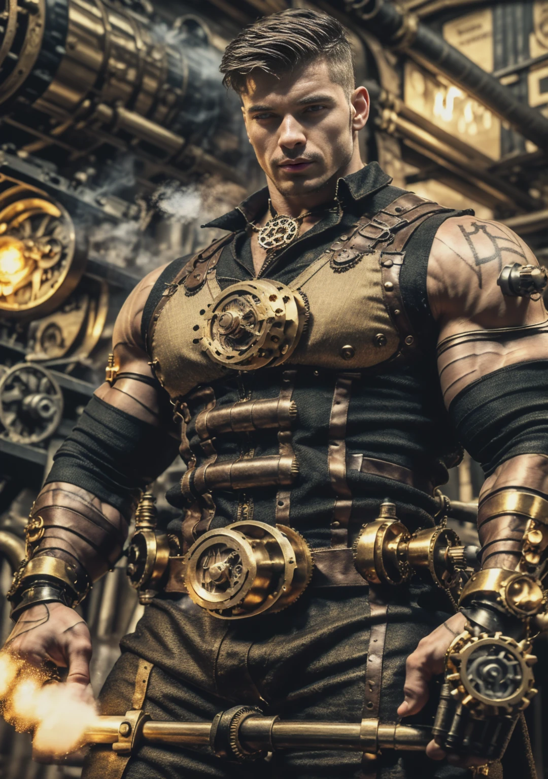 ((Masterpiece, High Quality)), Best Quality, highly detailed , ultrarealistic , cinematic ,realistic , photorealistic realistic eyes, intricate details, detailed background, depth of field, dynamic pose, dynamic angle ,male focus ,muscled man (1.0) ,handsome (detailed face) ,Young Arafed muscular chiseled very handsome man , (( steam4rmor,A muscular bodybuilder (1.0), veins on his arms , attractive tattooed man dressed in a detailed steampunk vest not covering his chest and abs(1.0), showing his muscled body with tattoos(1.0) ,The outfit includes leather straps, brass gears , a vest, and metallic accents. The man has a confident and alluring pose, with a mysterious expression. The background features an industrial steampunk setting with steam pipes, machinery, and a warm, vintage dark atmosphere , highly detailed, , detail face, tool enhancer ,slider 1.0)), realistic, masterpiece, intricate details, detailed background, depth of field, photo of a man ,looking like courage , ((light bokeh)) , highlighting the strong muscle lines , symbol of strength. Perspective and perspective: shooting from a low angle , highlighting the height and majesty of men. Or use a side perspective to show the posture and tattoo of a men.
