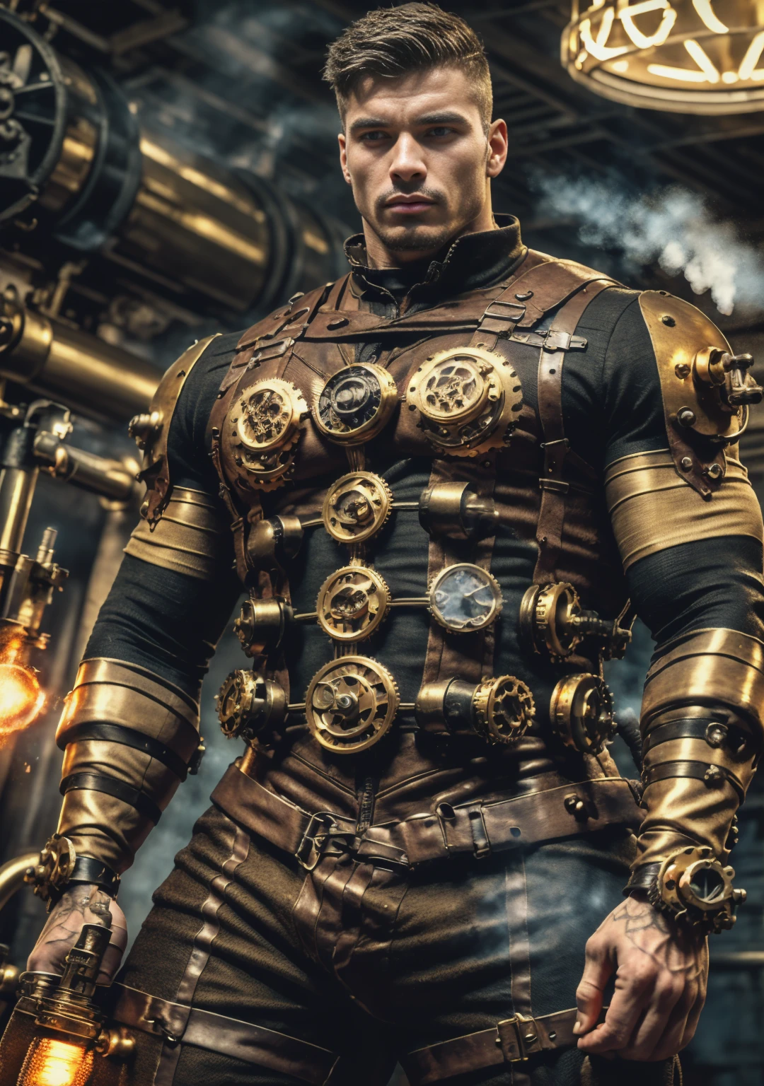 ((Masterpiece, High Quality)), Best Quality, highly detailed , ultrarealistic , cinematic ,realistic , photorealistic realistic eyes, intricate details, detailed background, depth of field, dynamic pose, dynamic angle ,male focus ,muscled man (1.0) ,handsome (detailed face) ,Young Arafed muscular chiseled very handsome man , (( steam4rmor,A muscular bodybuilder (1.0), veins on his arms , attractive tattooed man dressed in a detailed steampunk vest not covering his chest and abs(1.0), showing his muscled body with tattoos(1.0) ,The outfit includes leather straps, brass gears , a vest, and metallic accents. The man has a confident and alluring pose, with a mysterious expression. The background features an industrial steampunk setting with steam pipes, machinery, and a warm, vintage dark atmosphere , highly detailed, , detail face, tool enhancer ,slider 1.0)), realistic, masterpiece, intricate details, detailed background, depth of field, photo of a man ,looking like courage , ((light bokeh)) , highlighting the strong muscle lines , symbol of strength. Perspective and perspective: shooting from a low angle , highlighting the height and majesty of men. Or use a side perspective to show the posture and tattoo of a men.