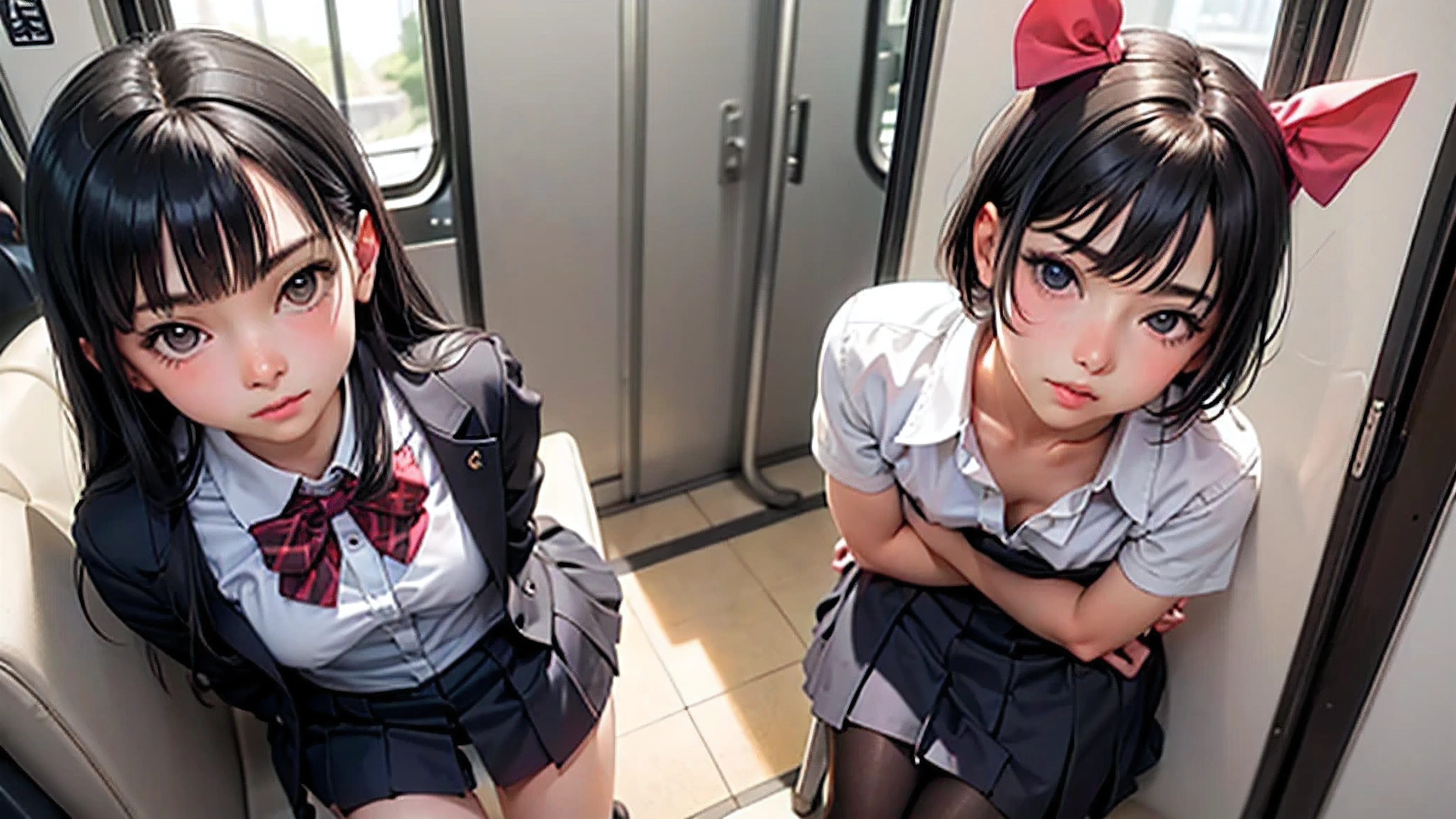 8k, best quality, (unparalleled masterpiece), ultra high-res and detailed, beautiful filmed, (super ultra amazing quality animation:1.3), hyper quality, highly detailed, high color saturation, super ultra high-def full color, (masterpiece detailed Anime comic style:1.5),
(cool girl Arika, pretty cool and beautiful cute face, 16 years old, twintails, thin nice body, long legs, thin face, legwear), unparalleled masterpiece best quality detailed voyeurism panties shot situation multiple views(Arika on the way to school by train, voyeurism panties in the skirt shot from below, The moment she let her guard down, sitting on the train seat, a little open knees:1.6), (school uniform, mini skirt, cute panties and bra, legwear, school shoes:1.2), (detailed emotional expression, angly and doubt secretly photographed own panties, clench teeth:1.2), (give me your best performance!, show me what I want detailed voyeurism panties shot situation),