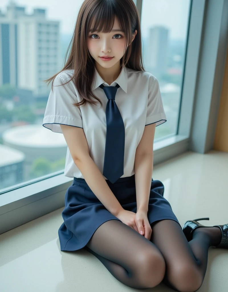(masterpiece, extremely detailed 8k raw photo, sharp line:1.1), (18 year old japanese girl student wearing school uniform and navy blue pleated skirt), official art, full body, colorful, beautiful eyes, light brown hair, (sitting on school desk in high school classroom and legs open wide:1.2), skirtlift:1.5, skirt lifting:1.5, showing off her white thong panties by lifting skirt with her hand:1.5, (detailed white lace sheer panties),dark brown eyes, cute, kawaii, ecchi, sexy, big, cameltoe:1.5, nose blush, detailed skin, looking at viewer, shy, gravure:1.1, best thigh anatomy, Anatomically correct:1.2, Anatomically correct hand:1.3, (medium hair:1.2), Idol sexy photo album,
