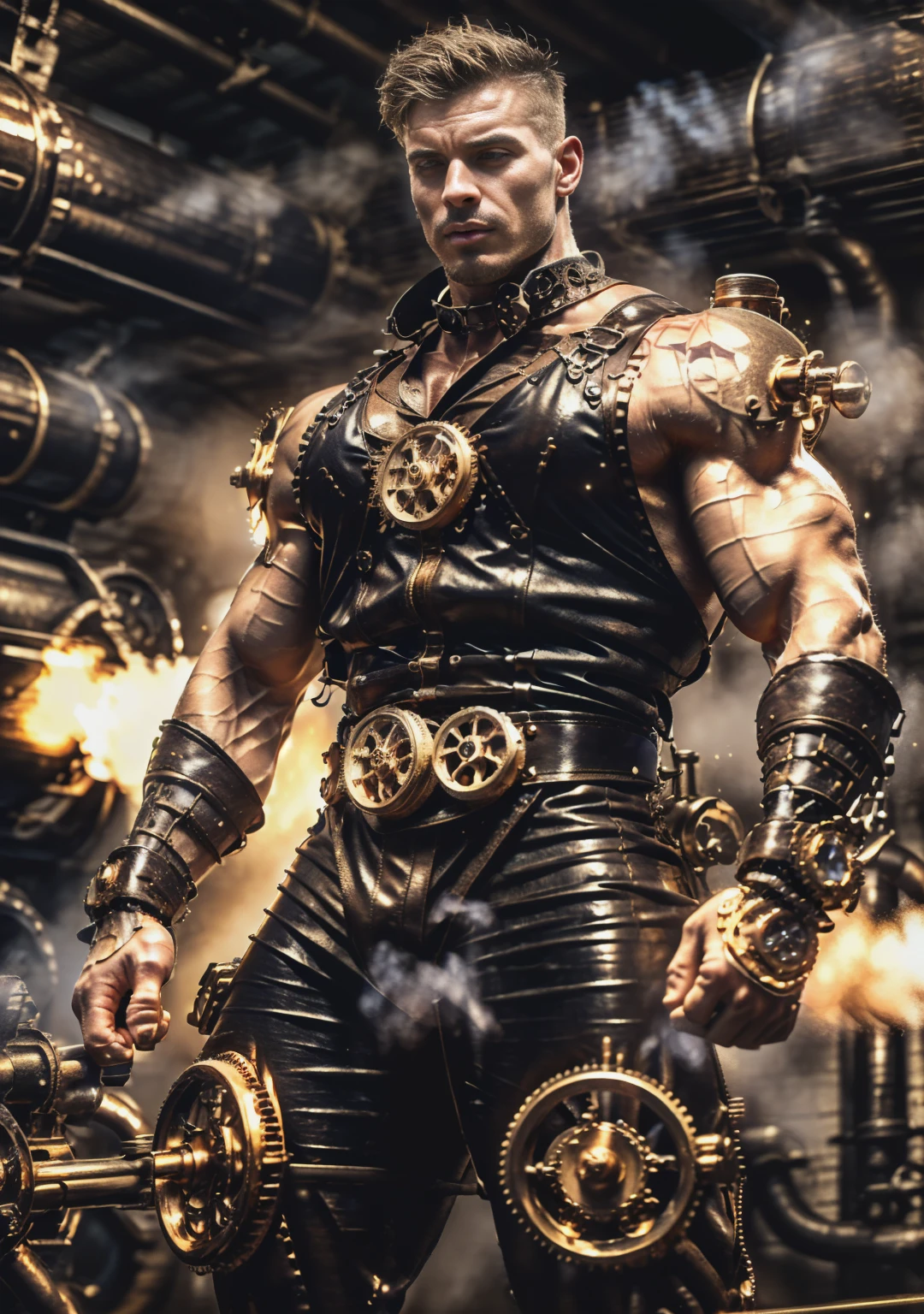 ((Masterpiece, High Quality)), Best Quality, highly detailed , ultrarealistic , cinematic ,realistic , photorealistic realistic eyes, intricate details, detailed background, depth of field, dynamic pose, dynamic angle ,male focus ,muscled man (1.0) ,handsome (detailed face) ,Young Arafed muscular chiseled very handsome man , (( steam4rmor,A muscular bodybuilder (1.0), veins on his arms , attractive tattooed man dressed in a detailed steampunk vest not covering his chest and abs(1.0), showing his muscled body with tattoos(1.0) ,The outfit includes leather straps, brass gears , a vest, and metallic accents. The man has a confident and alluring pose, with a mysterious expression. The background features an industrial steampunk setting with steam pipes, machinery, and a warm, vintage dark atmosphere , highly detailed, , detail face, tool enhancer ,slider 1.0)), realistic, masterpiece, intricate details, detailed background, depth of field, photo of a man ,looking like courage , ((light bokeh)) , highlighting the strong muscle lines , symbol of strength. Perspective and perspective: shooting from a low angle , highlighting the height and majesty of men. Or use a side perspective to show the posture and tattoo of a men.
