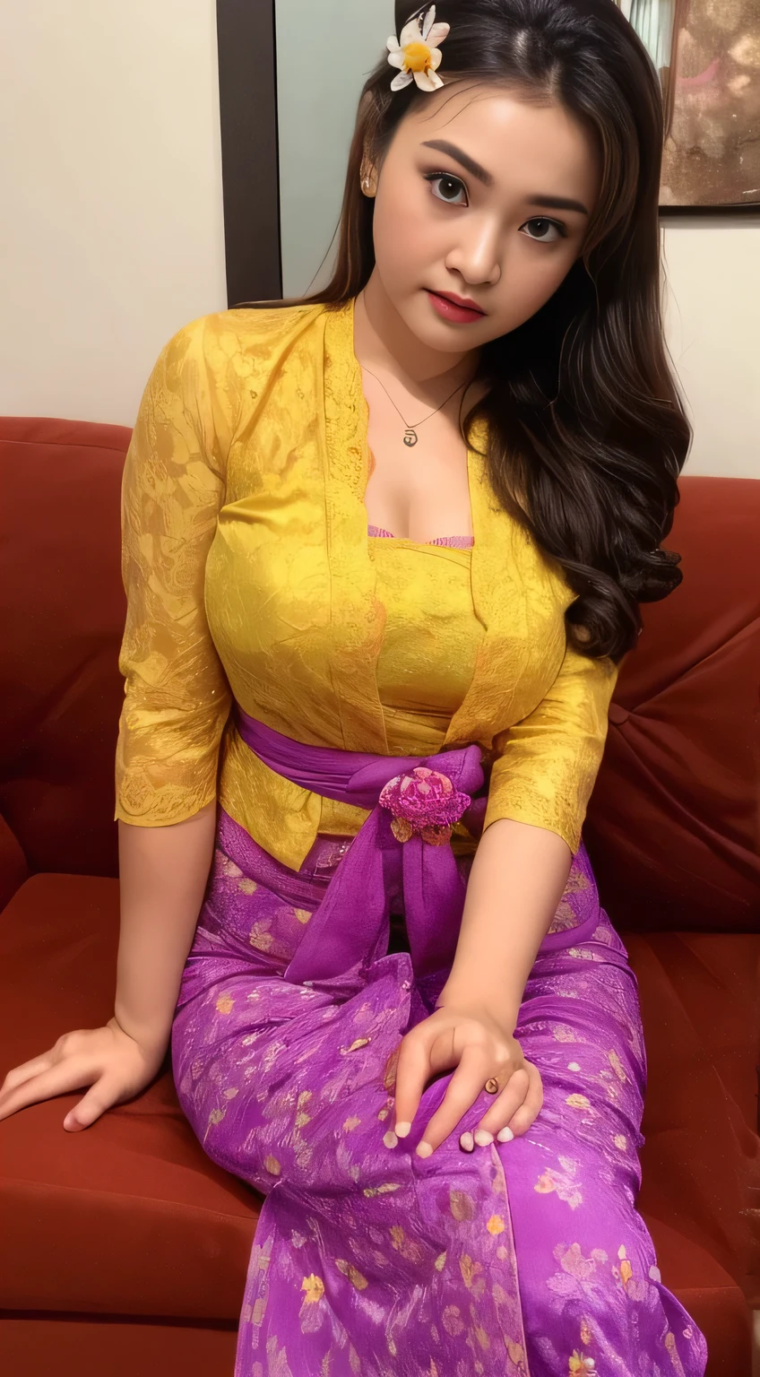 a close up of a woman with a flower in her hair,she has a cute face, her face looks like an orchid, big boob, sit down in sofa, unreal ungine 5, sakimichan, with round face, 8k selfie photograph, kebaya