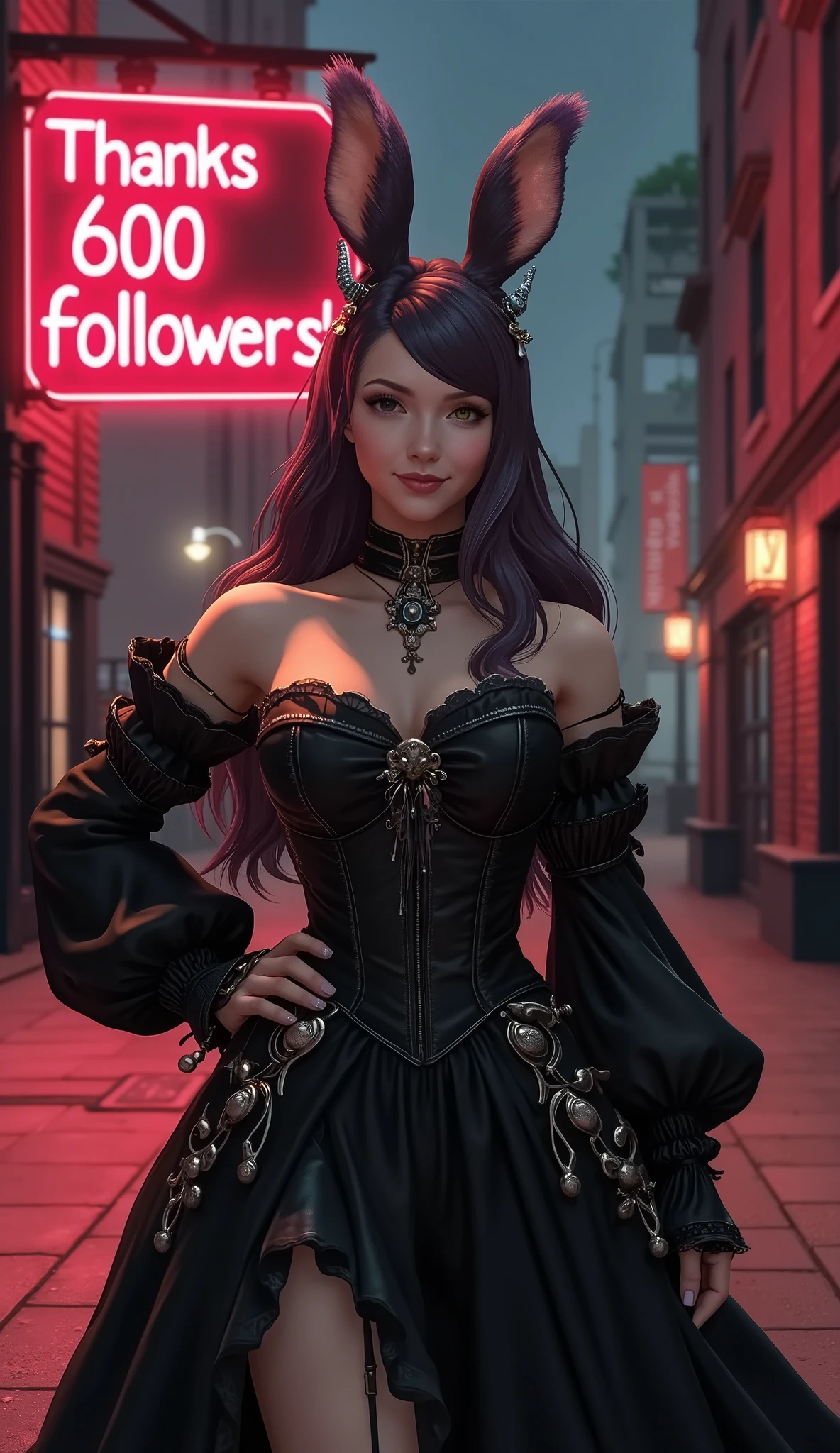 Japanese anime style , Solo Girl, Viera in a gothic dress , mid night downtown, Viera seems to be having a great time , with Viera smiles , , ( Big red neon sign written on it " thanks 600 followers ":2.0),
