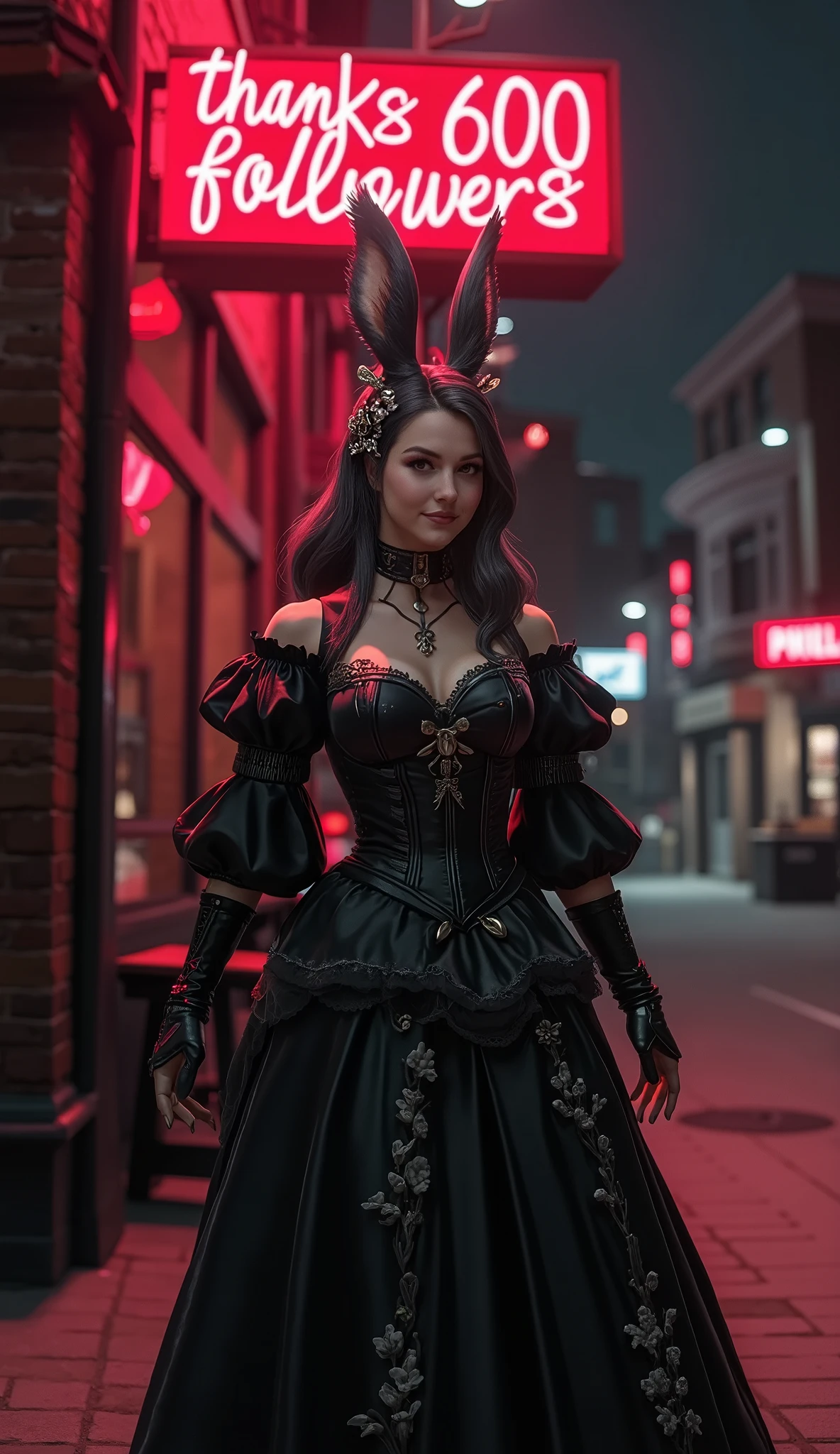 Japanese anime style , Solo Girl, Viera in a gothic dress , mid night downtown, Viera seems to be having a great time , with Viera smiles , , ( Big red neon sign written on it " thanks 600 followers ":2.0),