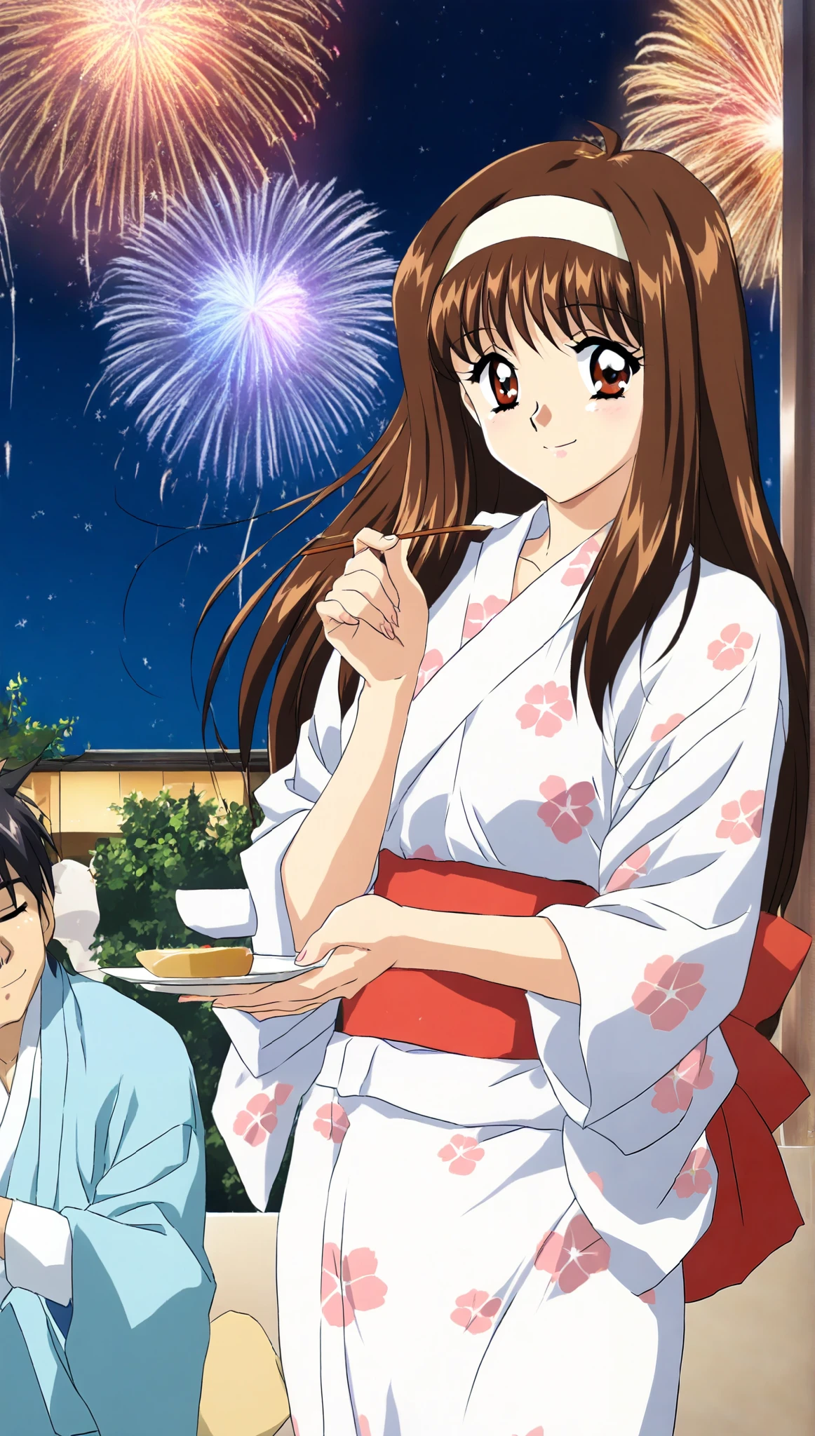 yuuki_Mizuho, one girl, Alone, long hair, Hair, white hairband, 1990s \( style\), animeカラーリング, small breasts, (smile:1.2), (yukata:1.2), ( cute pose), (Fireworks), (night), score_9, score_8_superior, score_7_superior, source_anime, (best quality:1.2), masterpiece, high quality , full color, 8k, high resolution, natural makeup, front light