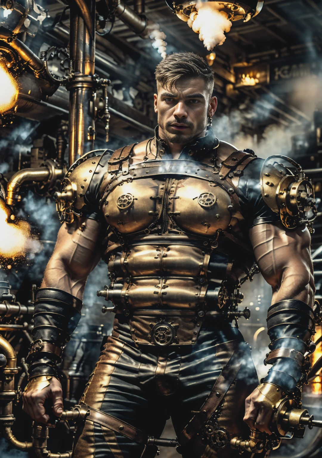 ((Masterpiece, High Quality)), Best Quality, highly detailed , ultrarealistic , cinematic ,realistic , photorealistic realistic eyes, intricate details, detailed background, depth of field, dynamic pose, dynamic angle ,male focus ,muscled man (1.0) ,handsome (detailed face) ,Young Arafed muscular chiseled very handsome man , (( steam4rmor,A muscular bodybuilder (1.0), veins on his arms , attractive tattooed man dressed in a detailed steampunk vest not covering his chest and abs(1.0), showing his muscled body with tattoos(1.0) ,The outfit includes leather straps, brass gears , a vest, and metallic accents. The man has a confident and alluring pose, with a mysterious expression. The background features an industrial steampunk setting with steam pipes, machinery, and a warm, vintage dark atmosphere , highly detailed, , detail face, tool enhancer ,slider 1.0)), realistic, masterpiece, intricate details, detailed background, depth of field, photo of a man ,looking like courage , ((light bokeh)) , highlighting the strong muscle lines , symbol of strength. Perspective and perspective: shooting from a low angle , highlighting the height and majesty of men. Or use a side perspective to show the posture and tattoo of a men.