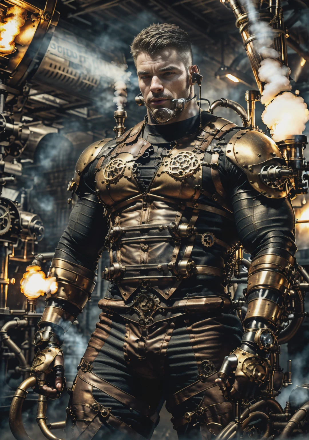 ((Masterpiece, High Quality)), Best Quality, highly detailed , ultrarealistic , cinematic ,realistic , photorealistic realistic eyes, intricate details, detailed background, depth of field, dynamic pose, dynamic angle ,male focus ,muscled man (1.0) ,handsome (detailed face) ,Young Arafed muscular chiseled very handsome man , (( steam4rmor,A muscular bodybuilder (1.0), veins on his arms , attractive tattooed man dressed in a detailed steampunk vest not covering his chest and abs(1.0), showing his muscled body with tattoos(1.0) ,The outfit includes leather straps, brass gears , a vest, and metallic accents. The man has a confident and alluring pose, with a mysterious expression. The background features an industrial steampunk setting with steam pipes, machinery, and a warm, vintage dark atmosphere , highly detailed, , detail face, tool enhancer ,slider 1.0)), realistic, masterpiece, intricate details, detailed background, depth of field, photo of a man ,looking like courage , ((light bokeh)) , highlighting the strong muscle lines , symbol of strength. Perspective and perspective: shooting from a low angle , highlighting the height and majesty of men. Or use a side perspective to show the posture and tattoo of a men.