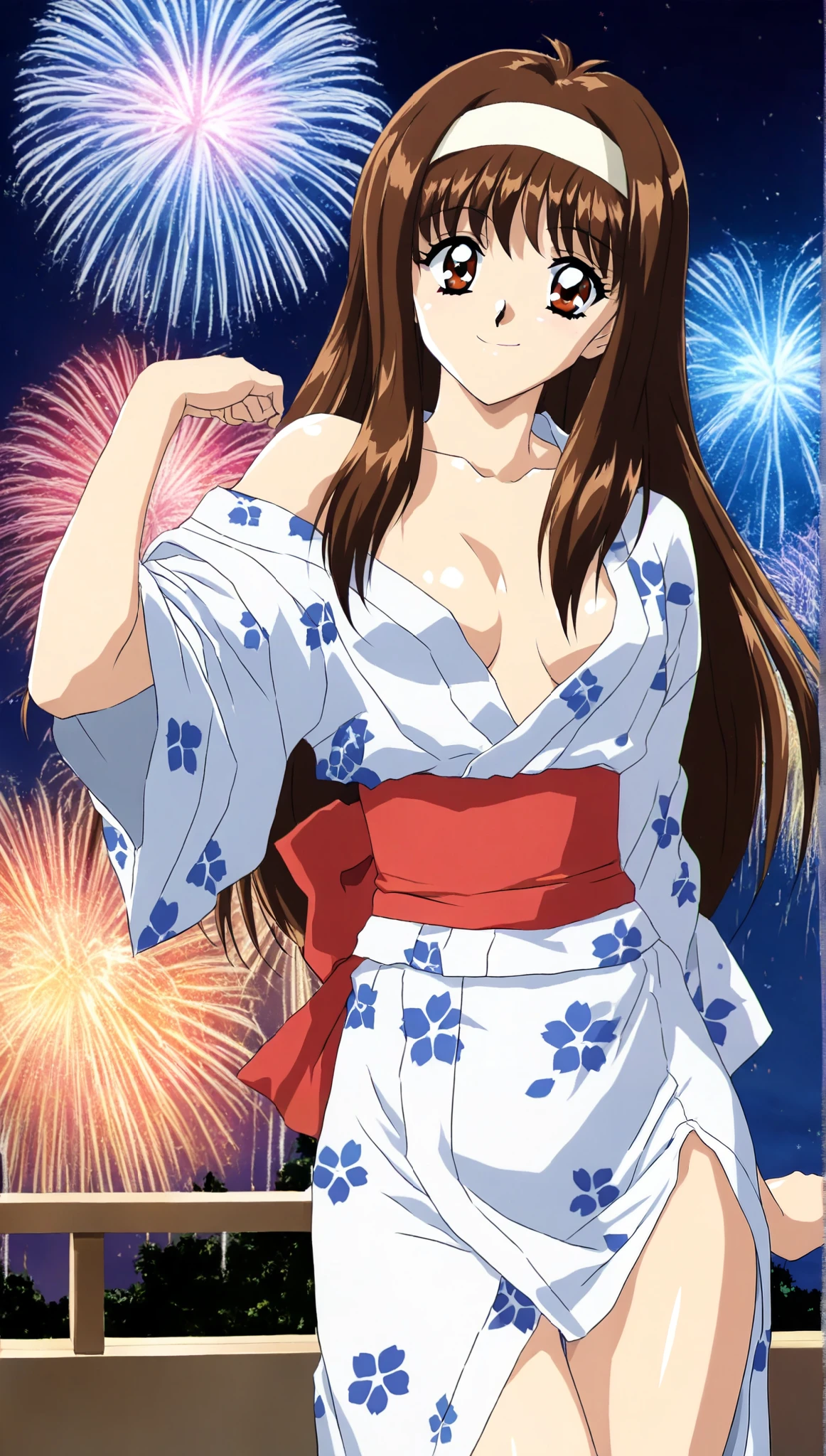 yuuki_Mizuho, one girl, Alone, long hair, Hair, white hairband, 1990s \( style\), animeカラーリング, small breasts, (smile:1.2), (yukata:1.2), ( sexy pose), (Fireworks), (night), score_9, score_8_superior, score_7_superior, source_anime, (best quality:1.2), masterpiece, high quality , full color, 8k, high resolution, natural makeup, front light