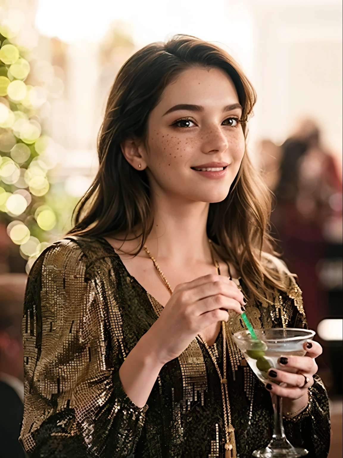 (​masterpiece, best quality:1.5), highest quality, High resolution, super detailed, Realists, Full body photo of a young European brunette, detailed and beautiful brown eyes, very detailed eyes and face, longeyelashes, the young woman wears a long tank top with thin straps made of shiny green satin and long tight pants, beautiful natural makeup, elegant and noble々Pose, Gardens as background, soft daylight, bright colors, fine brushstrokes, shiny fabric for clothing, beautiful color palette, glowing skin, First-class rendering, that captures every detail, enchanting atmosphere, subtle shadows and lights, (perfect anatomy:1.2), (The stunning young woman sits in a restaurant and is excited, Milkshake on the table (magnificent panorama view:1.2)
