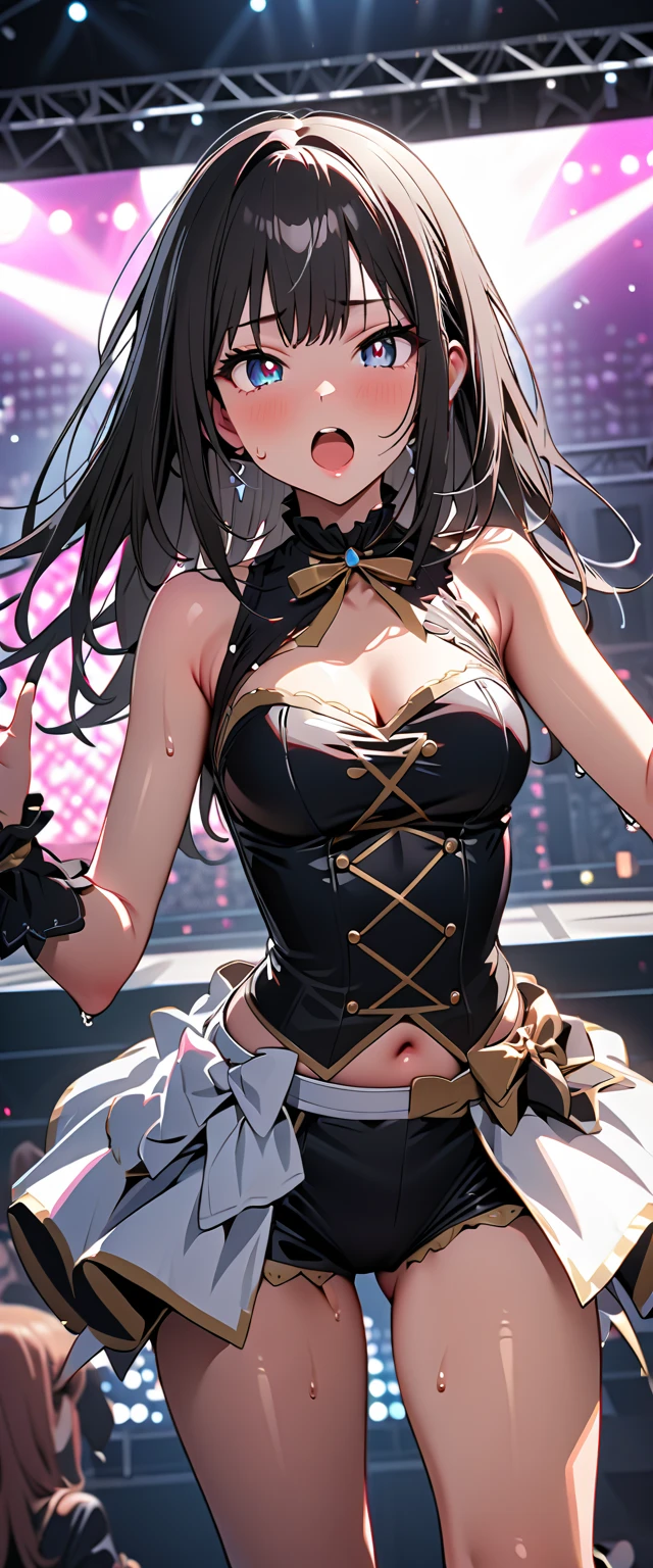 1girl,(pole dancing:1.2),squatting,open legs,arms behind head,stage,confetti, (masterpiece, best quality, ultra-highdetail), Silver braided short bob