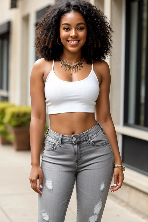 Leila Lopes wearing a tight, low-cut shirt and dull-colored ripped shorts and smiling