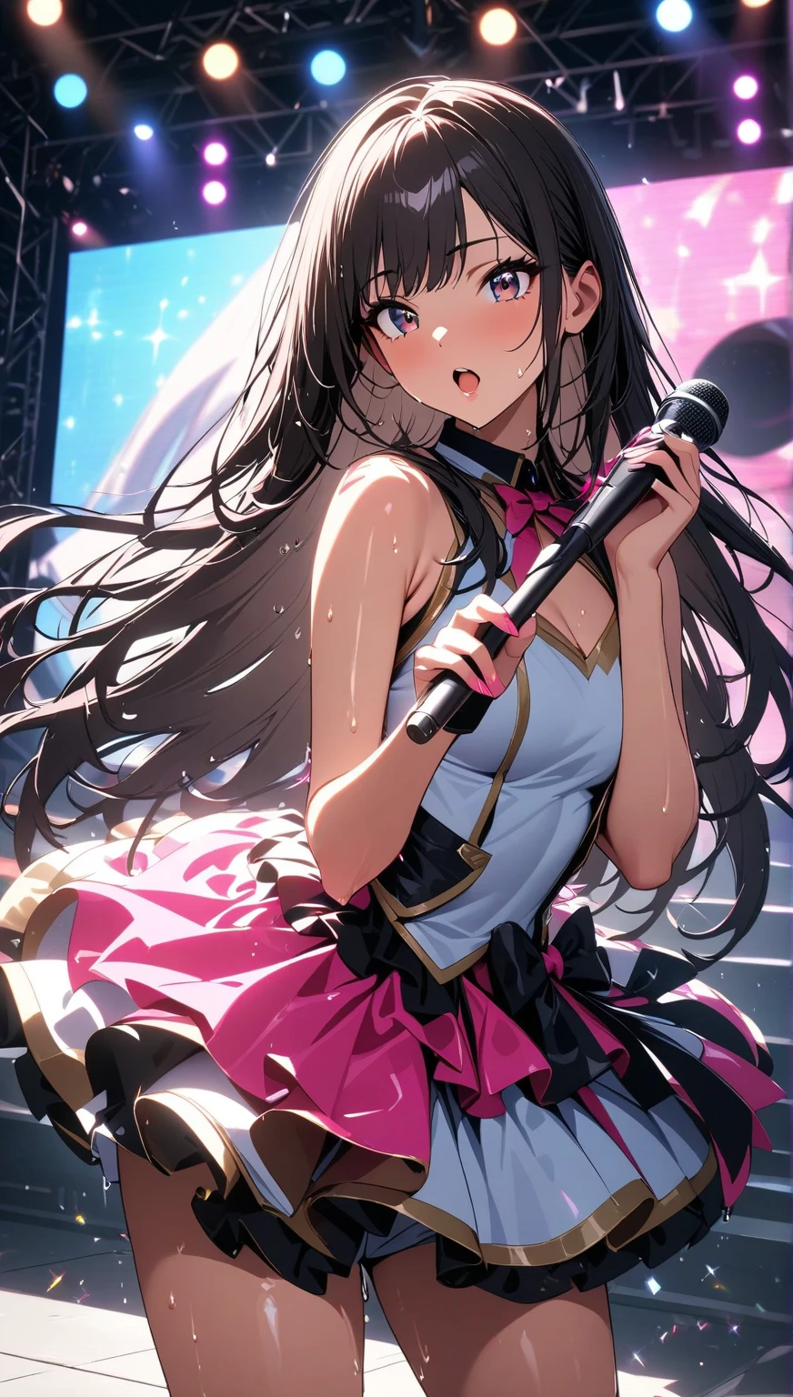 full body image. In a disco filled with colored lights, A beautiful young woman dances on stage in a very cheerful and energetic way... She has long hair,wavy。Tight light pink dress。, High heel. She wears some very long rhinestone necklaces,Design youth.