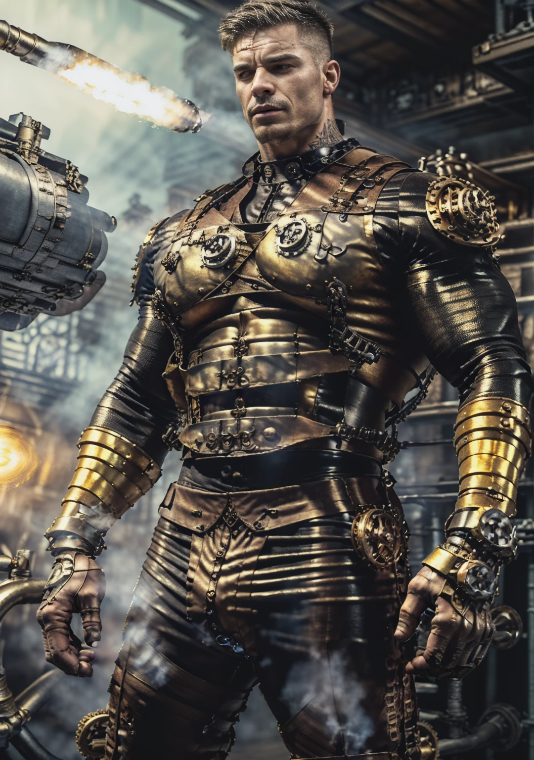 ((Masterpiece, High Quality)), Best Quality, highly detailed , ultrarealistic , cinematic ,realistic , photorealistic realistic eyes, intricate details, detailed background, depth of field, dynamic pose, dynamic angle ,male focus ,muscled man (1.0) ,handsome (detailed face) ,Young Arafed muscular chiseled very handsome man , (( steam4rmor,A muscular bodybuilder (1.0), veins on his arms , attractive tattooed man dressed in a detailed steampunk vest not covering his chest and abs(1.0), showing his muscled body with tattoos(1.0) ,The outfit includes leather straps, brass gears , a vest, and metallic accents. The man has a confident and alluring pose, with a mysterious expression. The background features an industrial steampunk setting with steam pipes, machinery, and a warm, vintage dark atmosphere , highly detailed, , detail face, tool enhancer ,slider 1.0)), realistic, masterpiece, intricate details, detailed background, depth of field, photo of a man ,looking like courage , ((light bokeh)) , highlighting the strong muscle lines , symbol of strength. Perspective and perspective: shooting from a low angle , highlighting the height and majesty of men. Or use a side perspective to show the posture and tattoo of a men.