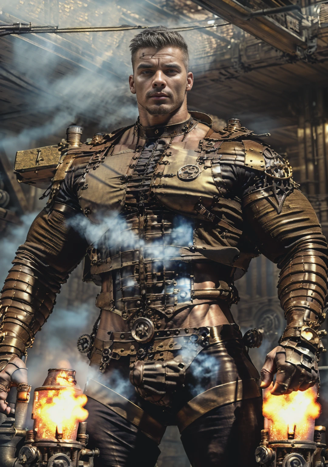 ((Masterpiece, High Quality)), Best Quality, highly detailed , ultrarealistic , cinematic ,realistic , photorealistic realistic eyes, intricate details, detailed background, depth of field, dynamic pose, dynamic angle ,male focus ,muscled man (1.0) ,handsome (detailed face) ,Young Arafed muscular chiseled very handsome man , (( steam4rmor,A muscular bodybuilder (1.0), veins on his arms , attractive tattooed man dressed in a detailed steampunk vest not covering his chest and abs(1.0), showing his muscled body with tattoos(1.0) ,The outfit includes leather straps, brass gears , a vest, and metallic accents. The man has a confident and alluring pose, with a mysterious expression. The background features an industrial steampunk setting with steam pipes, machinery, and a warm, vintage dark atmosphere , highly detailed, , detail face, tool enhancer ,slider 1.0)), realistic, masterpiece, intricate details, detailed background, depth of field, photo of a man ,looking like courage , ((light bokeh)) , highlighting the strong muscle lines , symbol of strength. Perspective and perspective: shooting from a low angle , highlighting the height and majesty of men. Or use a side perspective to show the posture and tattoo of a men.