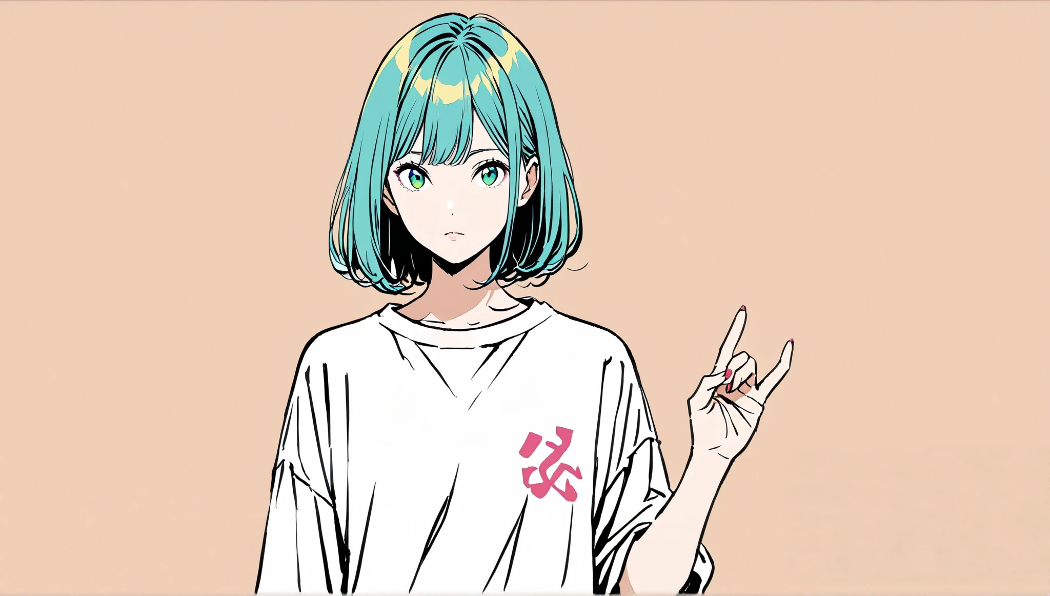 (( place your hands on your hips)),(Pop Color)),Glasses、masterpiece, ((( hand sign)),((( expressionless )))、Highest quality, Beautiful attention to detail, Very detailed, In detail, High resolution, Perfect Anatomy, , , girl, (one person:1.5), alone, (Long bangs),黒縁Glasses、 ( white shirt ), (( Simple Solid Color Background))), Background, (City Pop anime), Kyoto Animation, ,anime, Front view、