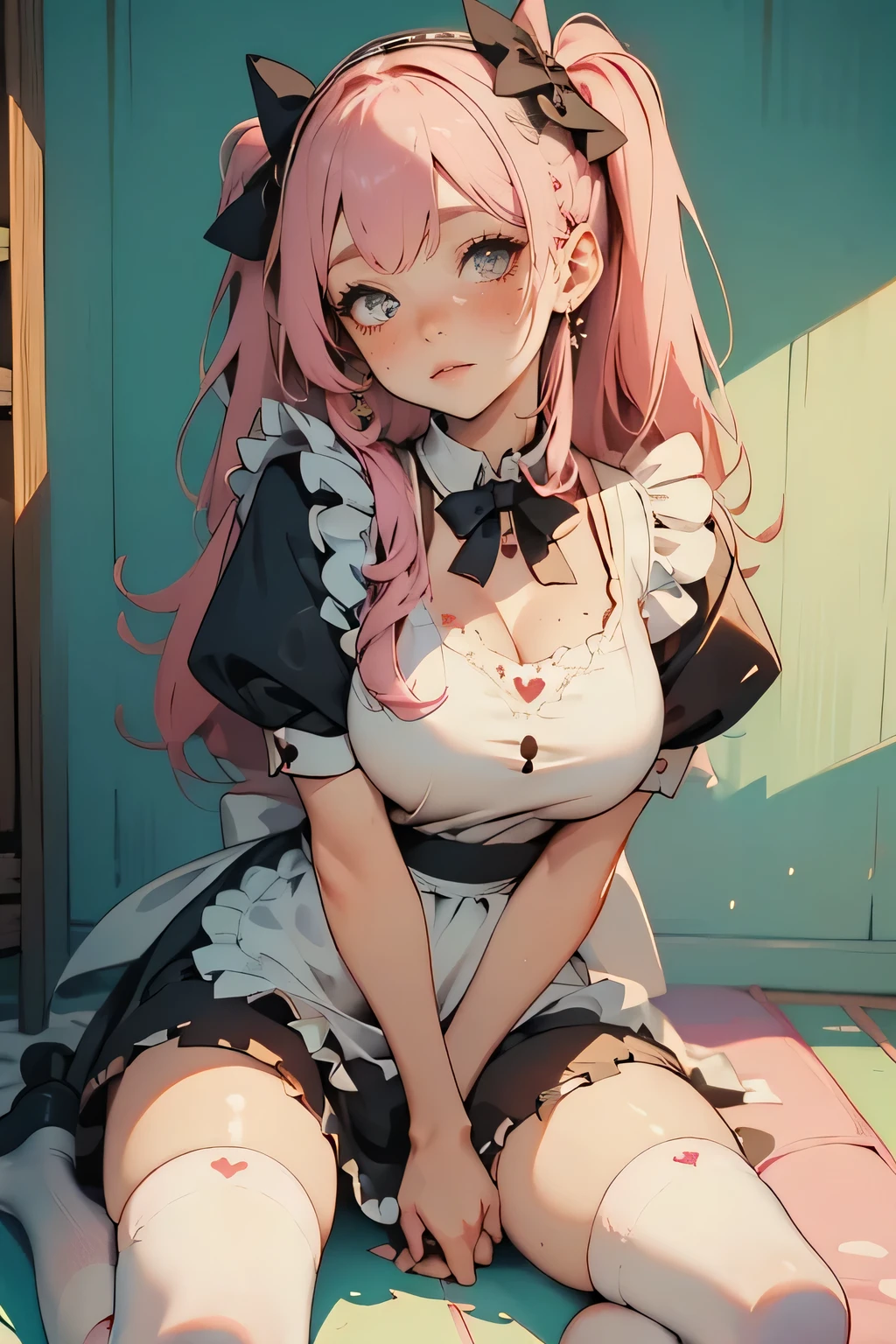 top quality, Anime style masterpieces, one girl, apron, bow, cube hair accessories , dress , frills, dark ( Performances), hair accessories , heart, heart hands, long hair, Look Away, Maid, Maid apron, Maid head dress , Mary Jane, One side up, pink hair with a scar, Shadow Face, shoes, short dress , alone, sweat dripping, Knee High Socks, white Knee High Socks, absolute domain,
