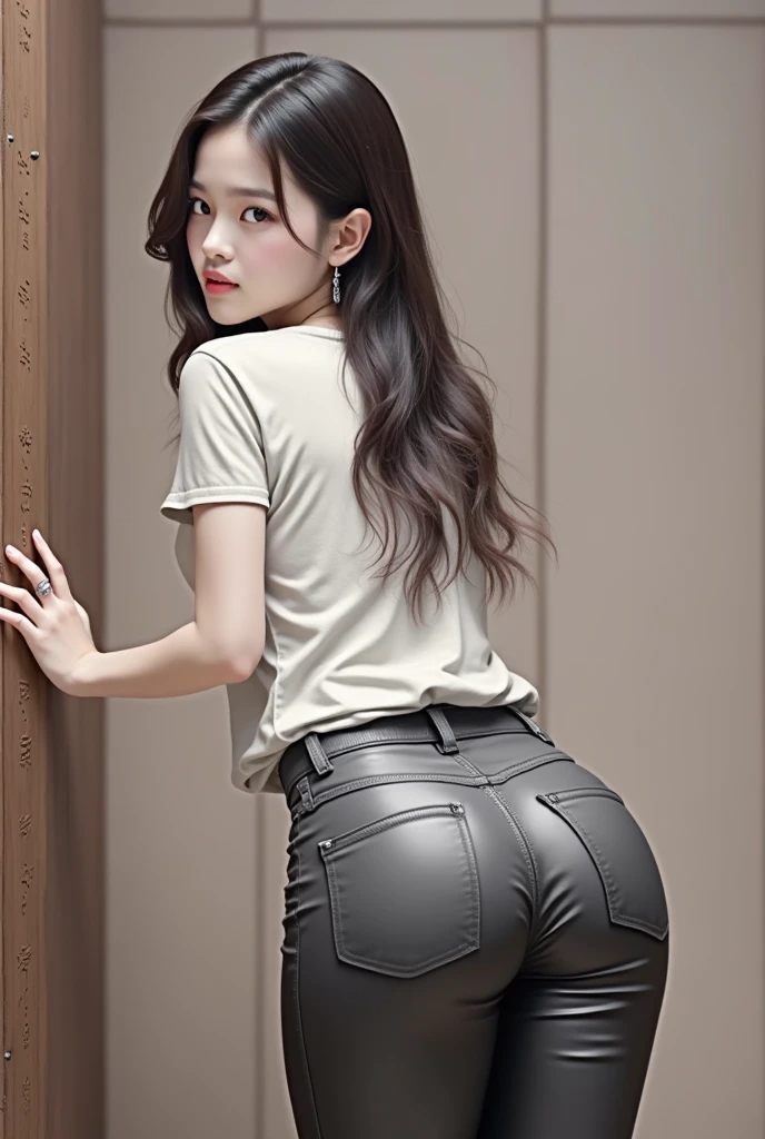 （highest quality，32k，masterpiece，hyper hd：1.2），amazing beauty，closed my eyes、open your mouth:1.3,big breasts thin waist，((Leather pants with black pockets))，((black leather rider jacket))，from the back，Remains，concrete wall，(((buttocks sticking out behind：1.9)))，detailed face，short and thin hair,spread your legs wide