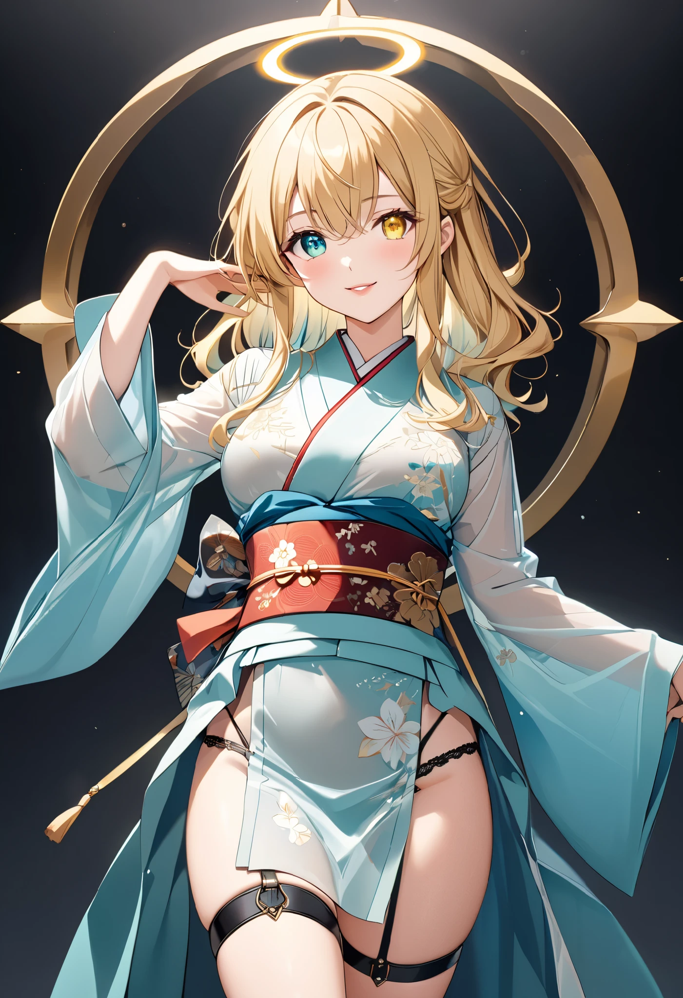 1girl ,
{ standing}
Height: 158cm,
Alone,
Beige Skin,
Cheeks are ruddy,
((The iris on the left is medium aquamarine and the iris on the right is yellow ))
((Complete iris heterochromia )),
beautiful eyes,
large black pupils ,
Her hair is messy and tied up.,
blonde,
the tips of the hair are whitish ,
The hair has gradation ,
shiny hair,
young but beautiful and bewitching face ,
The lips are extremely small,
smiling ,
A small, shining halo is floating above her head.,
the tips of the eyebrows are slightly lowered ,
the upper body is worn in kimono ,
mega breastsは柔らかそう,
Slim waist,
thin legs ,
The lower half of her body is covered in a long, transparent Chinese dress-like garment with slits on both sides of her waist.,
The color of the obi is red ,,
The obi is tastefully embroidered with silver thread.,
fine fabric clothing ,
Thong underwear,
garter belt,
stockings,
the thigh strap cuts into the skin ,
Are the tips of long boots Japanese style,
Isometric,
golden ratio,
god々 atmosphere,
She is wearing a stand-up collared undershirt.,
tactical use of shadows ,
the ring of the head and hair fit inside the frame ,
Clothes fit inside the frame ,
{ full shot}
facing the front,
fresh illustration ,
Superfine painting,
very delicate illustration ,
Very fine details ,