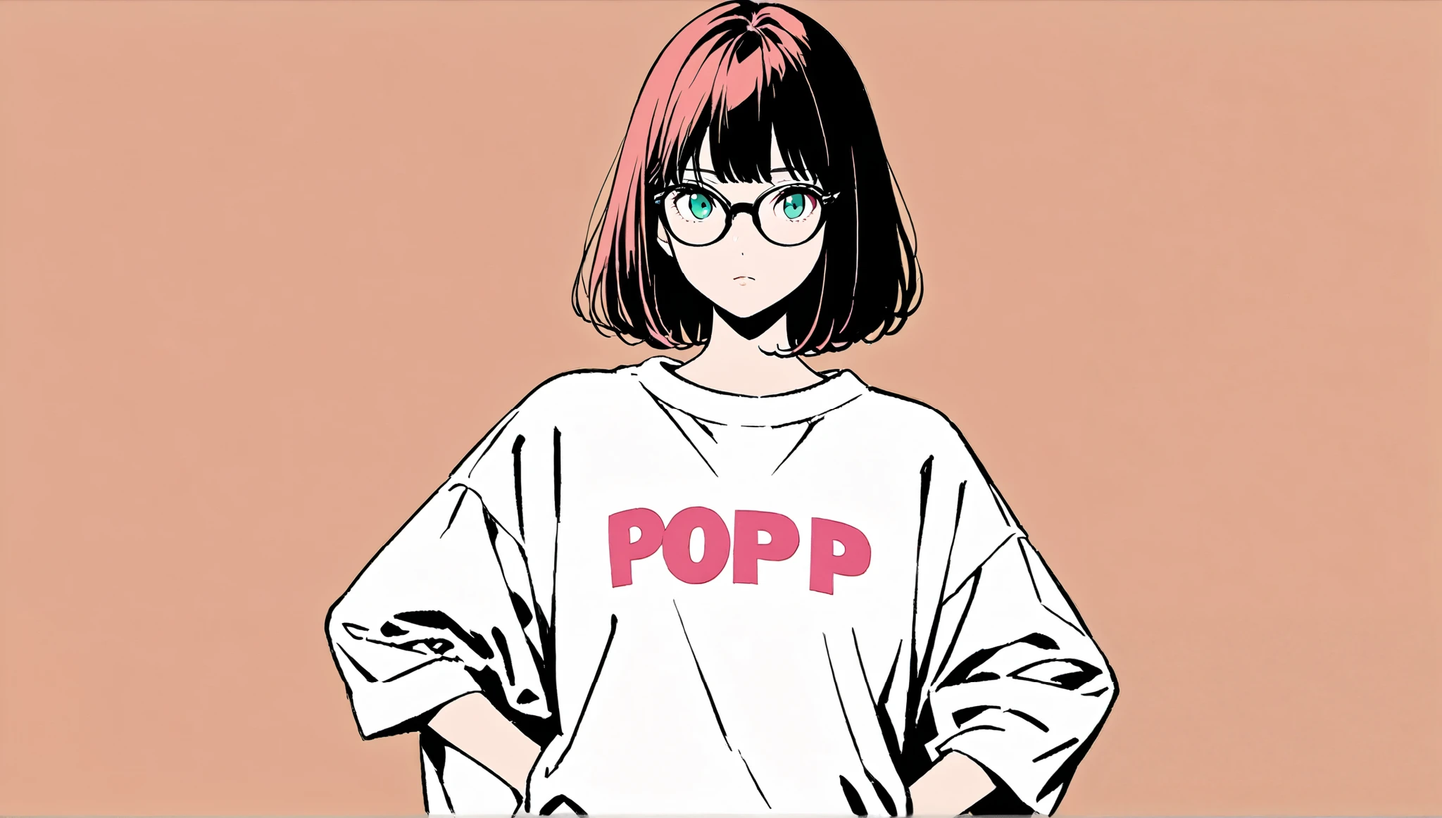 (( place your hands on your hips)),(Pop Color)),Glasses、masterpiece, ((()),((( expressionless )))、Highest quality, Beautiful attention to detail, Very detailed, In detail, High resolution, Perfect Anatomy, , , girl, (one person:1.5), alone, (Long bangs),黒縁Glasses、 ( white shirt ), (( Simple Solid Color Background))), Background, (City Pop anime), Kyoto Animation, ,anime, Front view、