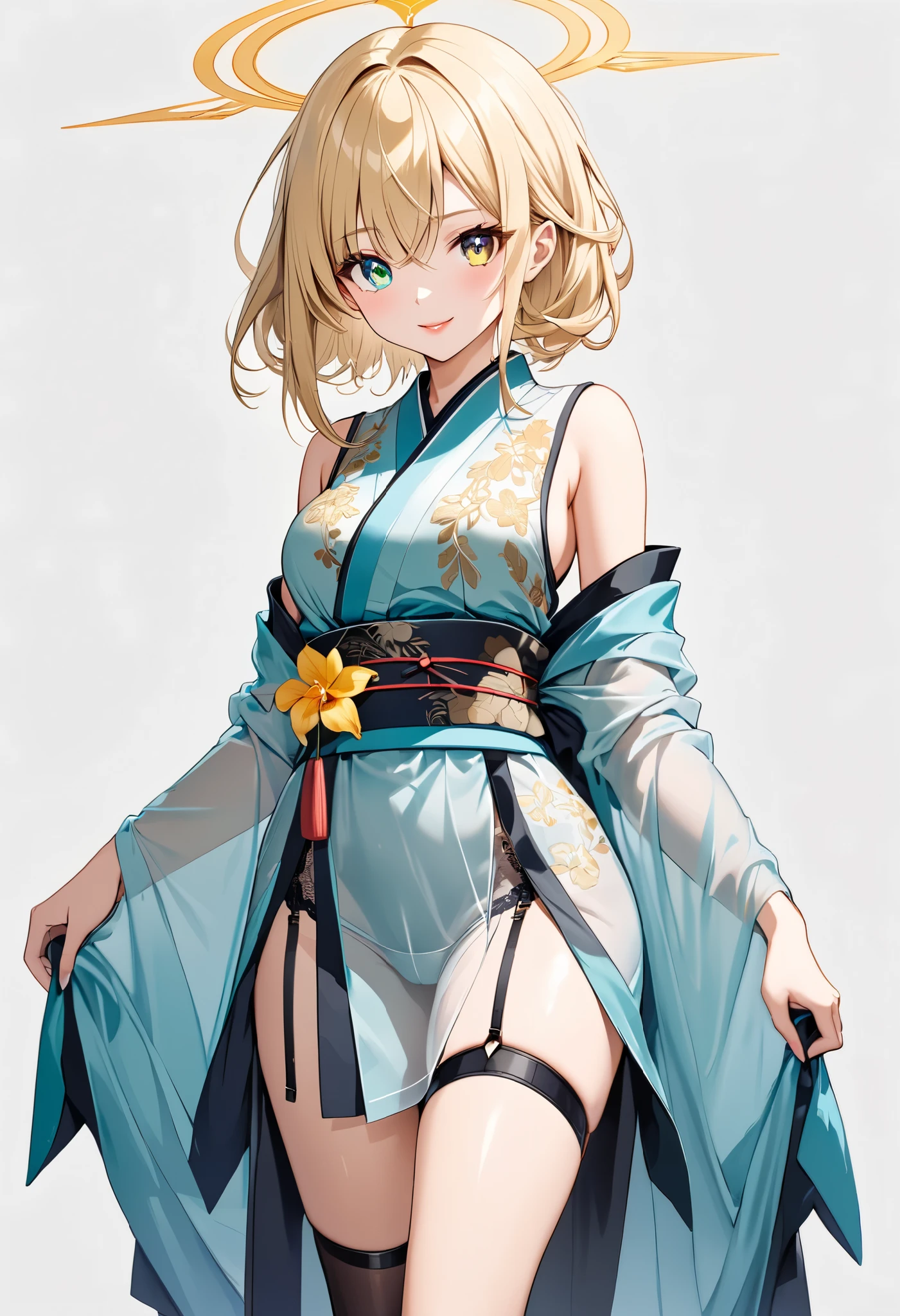  1girl ,
｛ standing｝
Height: 158cm,
Alone,
Beige Skin,
Cheeks are ruddy,
((The iris on the left is medium aquamarine and the iris on the right is yellow ))
((Complete iris heterochromia )),
 beautiful eyes,
 large black pupils ,
Her hair is messy and tied up.,
 blonde,
 the tips of the hair are whitish ,
 The hair has gradation ,
 shiny hair,
 young but beautiful and bewitching face ,
The lips are extremely small,
 smiling ,
A small, shining halo is floating above her head.,
 the tips of the eyebrows are slightly lowered ,
 the upper body is worn in kimono ,
mega breastsは柔らかそう,
 Slim waist,
 thin legs ,
The lower half of her body is covered in a long, transparent Chinese dress-like garment with slits on both sides of her waist.,
The color of the obi is red ,,
The obi is tastefully embroidered with silver thread.,
 fine fabric clothing ,
Thong underwear,
 garter belt,
 stockings,
 the thigh strap cuts into the skin ,
Are the tips of long boots Japanese style,
Isometric,
 golden ratio,
god々 atmosphere,
She is wearing a stand-up collared undershirt.,
 tactical use of shadows ,
 the ring of the head and hair fit inside the frame ,
Clothes fit inside the frame ,
｛ full shot｝
 facing the front,
 fresh illustration ,
Superfine painting,
 very delicate illustration ,
 Very fine details ,
