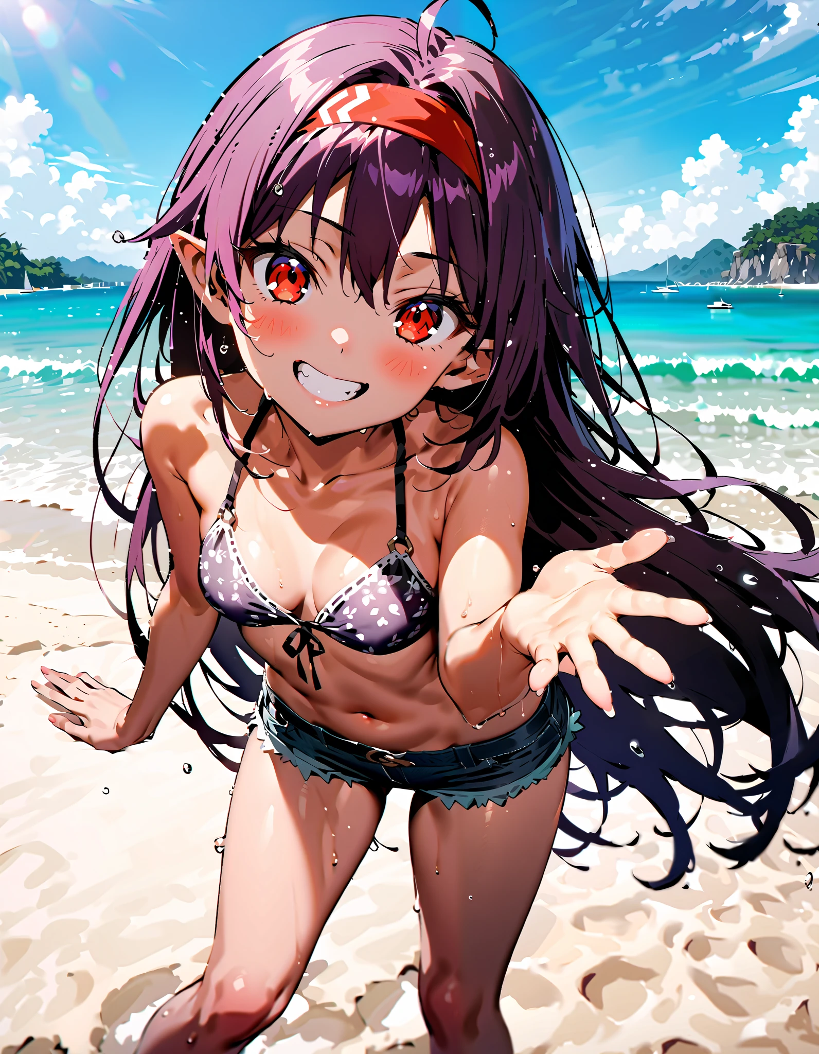 yuukikonno, Yuki Konno, hair band, long hair, pointy ears, purple hair, (red eyes:1.5),happy smile, smile, open your mouth, Are standing,
From above, (small breasts:1.2), ,dog ears,animal ears dog tail,Red Bikini Swimsuit,purple short sleeve hoodie Front open,,short denim pants,barefoot,barefoot,beach, sandy beach,Palm tree,Midsummer,Light of the sun,noon,
break looking at viewer, Upper body, whole body, (cowboy shot:1. 5
break outdoors, beach,
break (masterpiece:1.2), highest quality, High resolution, unity 8k wallpaper, (shape:0.8), (beautiful deしっぽed eyes:1.6), extremely deしっぽed face, perfect lighting, extremely deしっぽed CG, (perfect hands, perfect anatomy),
