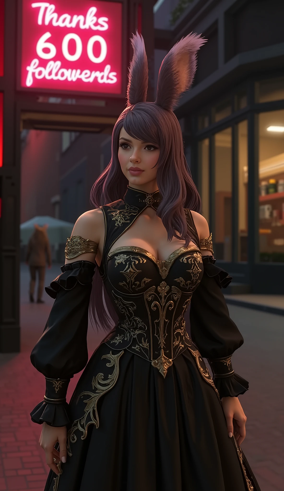  Japanese anime style , Solo Girl,  Viera in a gothic dress ,  mid night downtown,  Viera seems to be having a great time , with Viera smiles  , , (  Big red neon sign  written on it   "  thanks 600 followers  ":2.0),