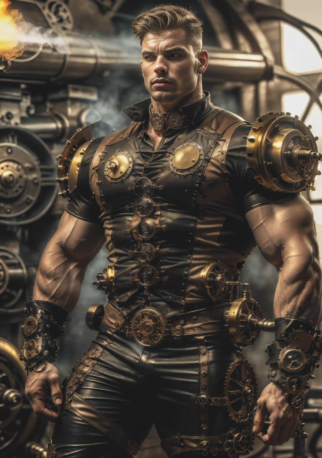 ((Masterpiece, High Quality)), Best Quality, highly detailed , ultrarealistic , cinematic ,realistic , photorealistic realistic eyes, intricate details, detailed background, depth of field, dynamic pose, dynamic angle ,male focus ,muscled man (1.0) ,handsome (detailed face) ,Young Arafed muscular chiseled very handsome man , (( steam4rmor,A muscular bodybuilder (1.0), veins on his arms , attractive tattooed man dressed in a detailed steampunk vest not covering his chest and abs(1.0), showing his muscled body with tattoos(1.0) ,The outfit includes leather straps, brass gears , a vest, and metallic accents. The man has a confident and alluring pose, with a mysterious expression. The background features an industrial steampunk setting with steam pipes, machinery, and a warm, vintage dark atmosphere , highly detailed, , detail face, tool enhancer ,slider 1.0)), realistic, masterpiece, intricate details, detailed background, depth of field, photo of a man ,looking like courage , ((light bokeh)) , highlighting the strong muscle lines , symbol of strength. Perspective and perspective: shooting from a low angle , highlighting the height and majesty of men. Or use a side perspective to show the posture and tattoo of a men.