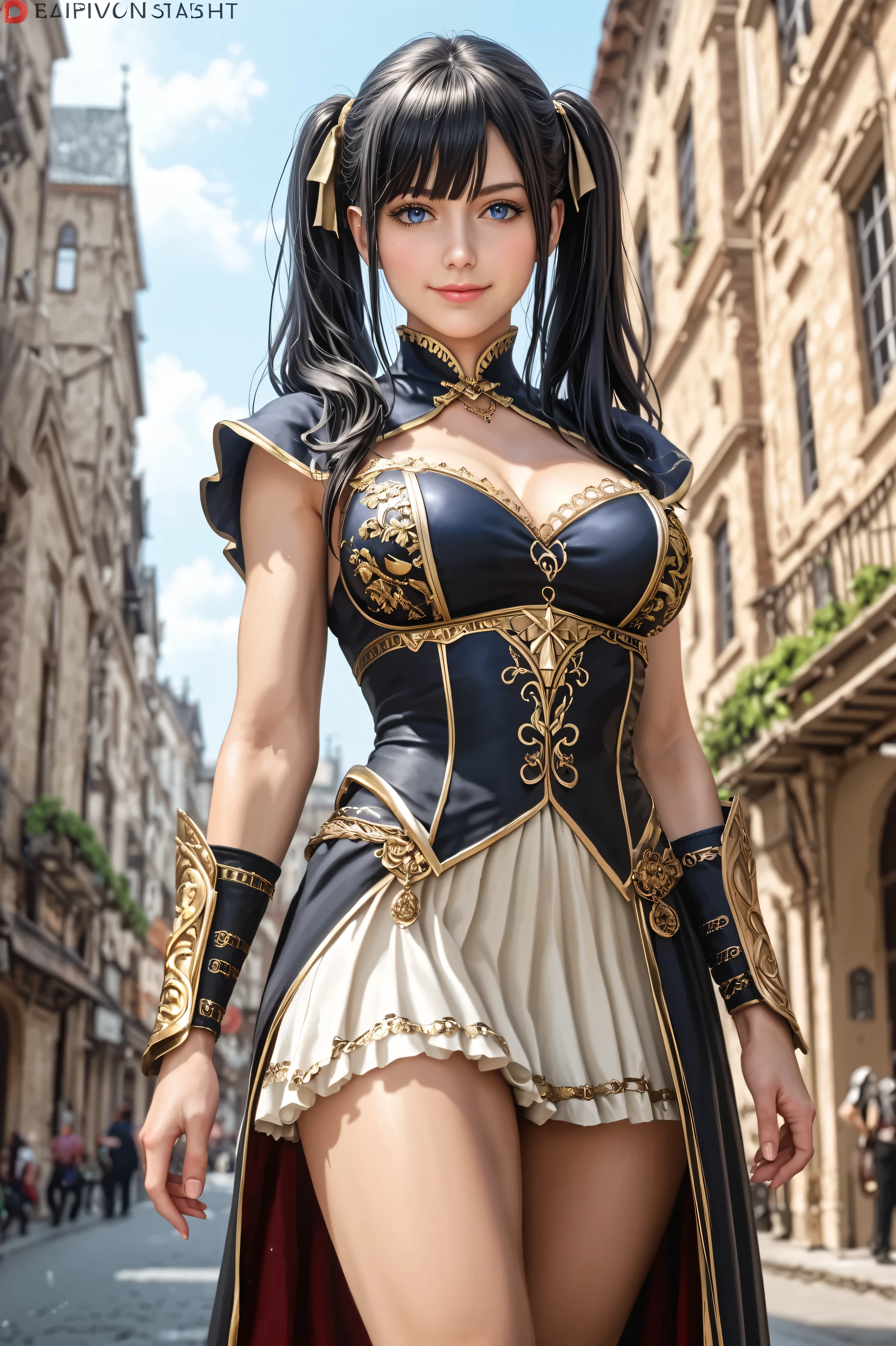 (masterpiece:1.2), [(female warrior with a ornate elegant sophisticated cover walking away), (hair between eyes, fringe),(two twin tails long hair), (long black hair flowing), (blue eyes), in a swordsman style dark armor, gorgeous platinum bracers, slender figure, toned thighs and round buttocks, face details, wearing ornate short skirt, big breasts,slim hips, thin hips, thin waist, cinematic, dramatic, adventurous, intricate, detailed, ornate, elegant, sophisticated, female protagonist, strong female character, toned body, tight clothes, stunning cover, slim waist, stretching, smiling happy], (focus on the face:1.2), low angle shot from front, (medieval city, old buildings, empty streets), (best quality , 8k,  highres icon, incredible quality, very aesthetic,absurdres,newest), ultra-detailed, realistic,  photorealistic, (photorealistic:1.4), HDR, Ultra HD,  studio lighting, ultra-fine painting, (sharp focus:1.2), physics-based rendering, description with extreme details, vivid colors, bokeh effect, Professional