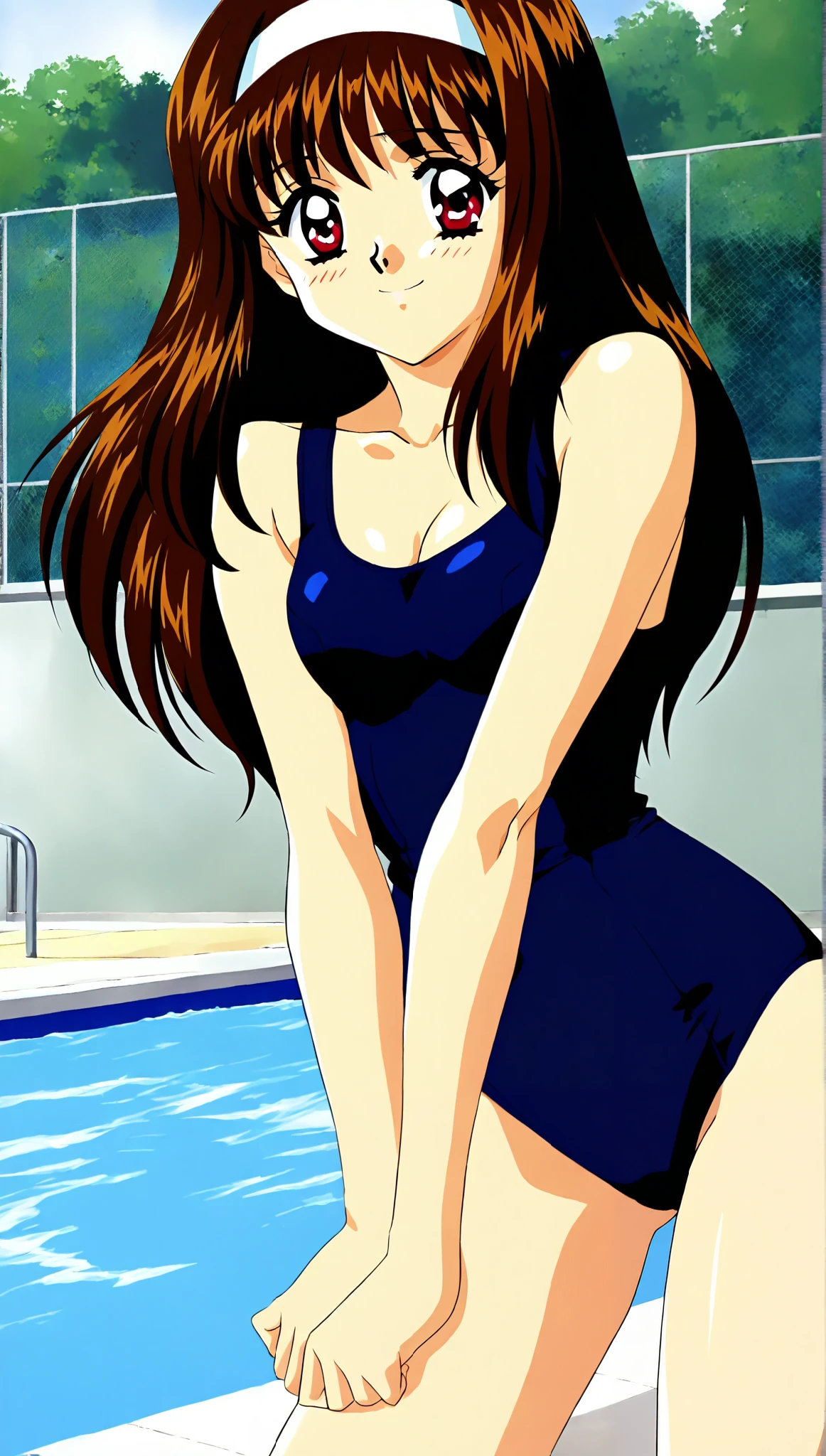 yuuki_Mizuho, one girl, Alone, long hair, Brown Hair, white hairband, 1990s \( style\), animeカラーリング, small breasts, cleavage, (smile:1.2), ( school swimsuit:1.2), ( I'm shy), ( sexy pose), ( school pool), score_9, score_8_superior, score_7_superior, source_anime, (best quality:1.2), masterpiece, high quality , full color, 8k, high resolution, natural makeup, front light