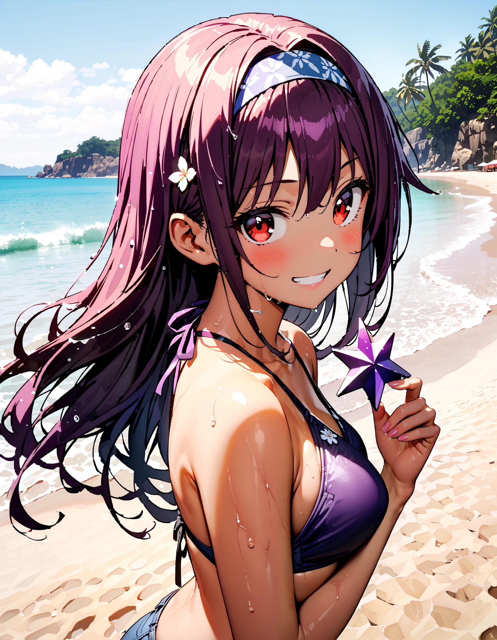 Ai Hoshino, long hair, bangs, (purple eyes:1.1), purple hair, (symbol-shaped pupils:1.5),1girl, solo,((masterpiece, Highest quality)), Anime Coloring、16K、(Focus on women), (whole body), Clear smile, Open your mouth, ((Purple bikini with floral print)), Are standing,((Beach)),Cross your arms , Dynamic Angle、blush、Leaning forward、