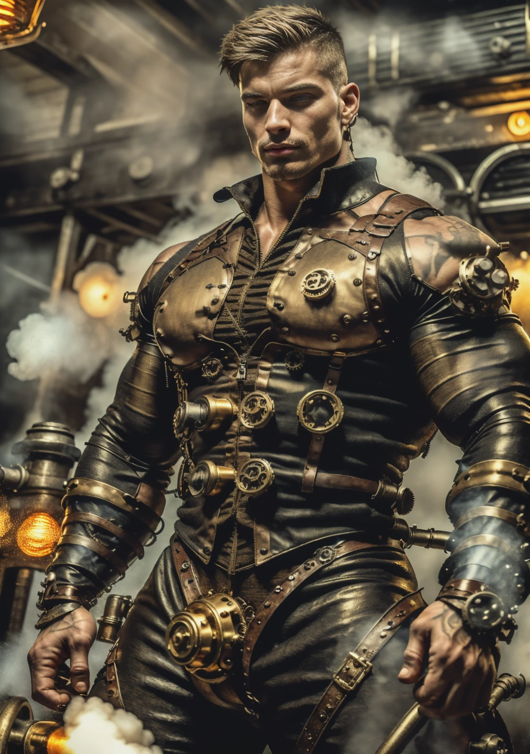 ((Masterpiece, High Quality)), Best Quality, highly detailed , ultrarealistic , cinematic ,realistic , photorealistic realistic eyes, intricate details, detailed background, depth of field, dynamic pose, dynamic angle ,male focus ,muscled man (1.0) ,handsome (detailed face) ,Young Arafed muscular chiseled very handsome man , (( steam4rmor,A muscular bodybuilder (1.0), veins on his arms , attractive tattooed man dressed in a detailed steampunk vest not covering his chest and abs(1.0), showing his muscled body with tattoos(1.0) ,The outfit includes leather straps, brass gears , a vest, and metallic accents. The man has a confident and alluring pose, with a mysterious expression. The background features an industrial steampunk setting with steam pipes, machinery, and a warm, vintage dark atmosphere , highly detailed, , detail face, tool enhancer ,slider 1.0)), realistic, masterpiece, intricate details, detailed background, depth of field, photo of a man ,looking like courage , ((light bokeh)) , highlighting the strong muscle lines , symbol of strength. Perspective and perspective: shooting from a low angle , highlighting the height and majesty of men. Or use a side perspective to show the posture and tattoo of a men.